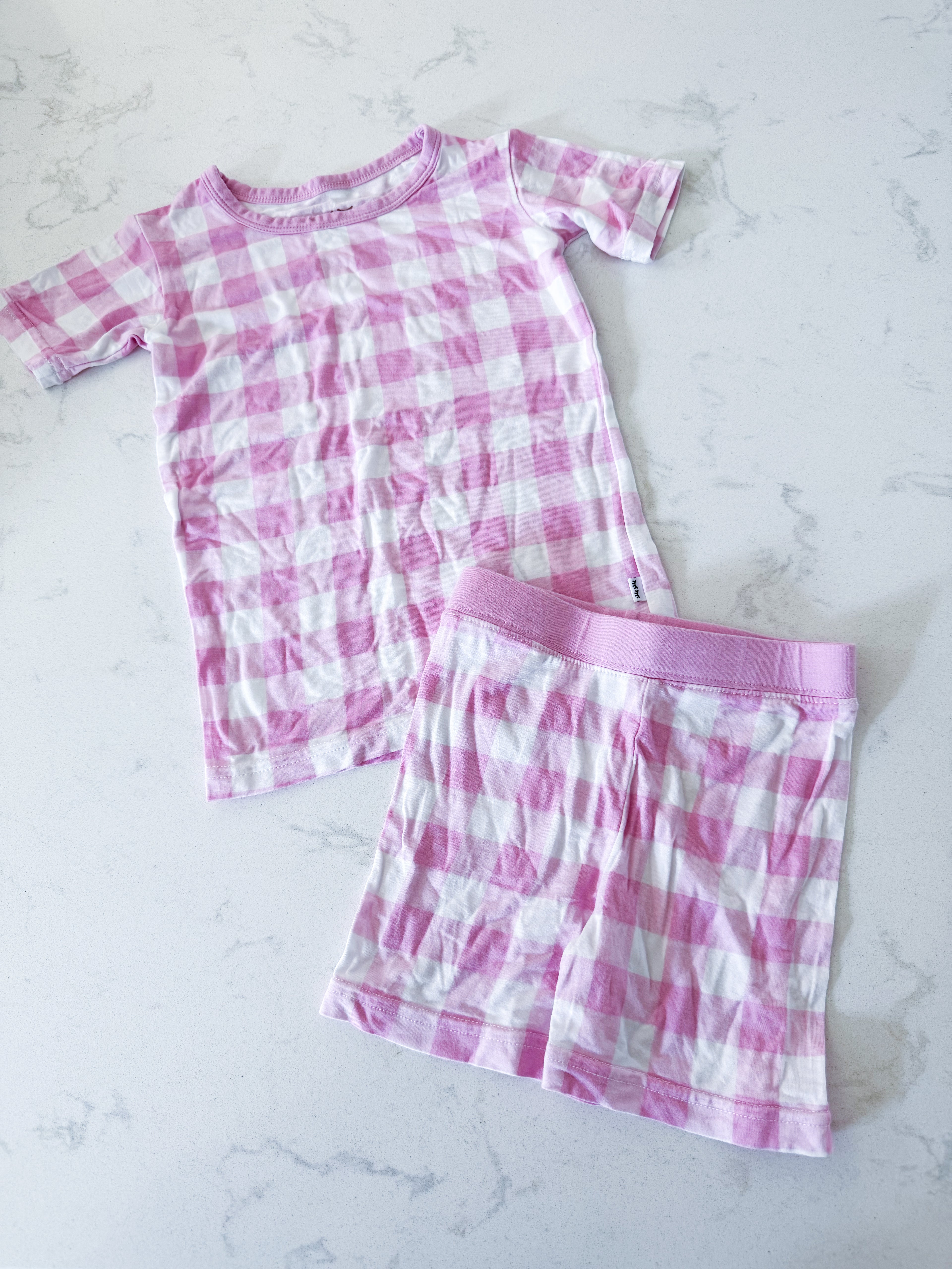Little Sleepies- 2T- VGUC- two piece bamboo shorts jammies with pink and white checkered pattern