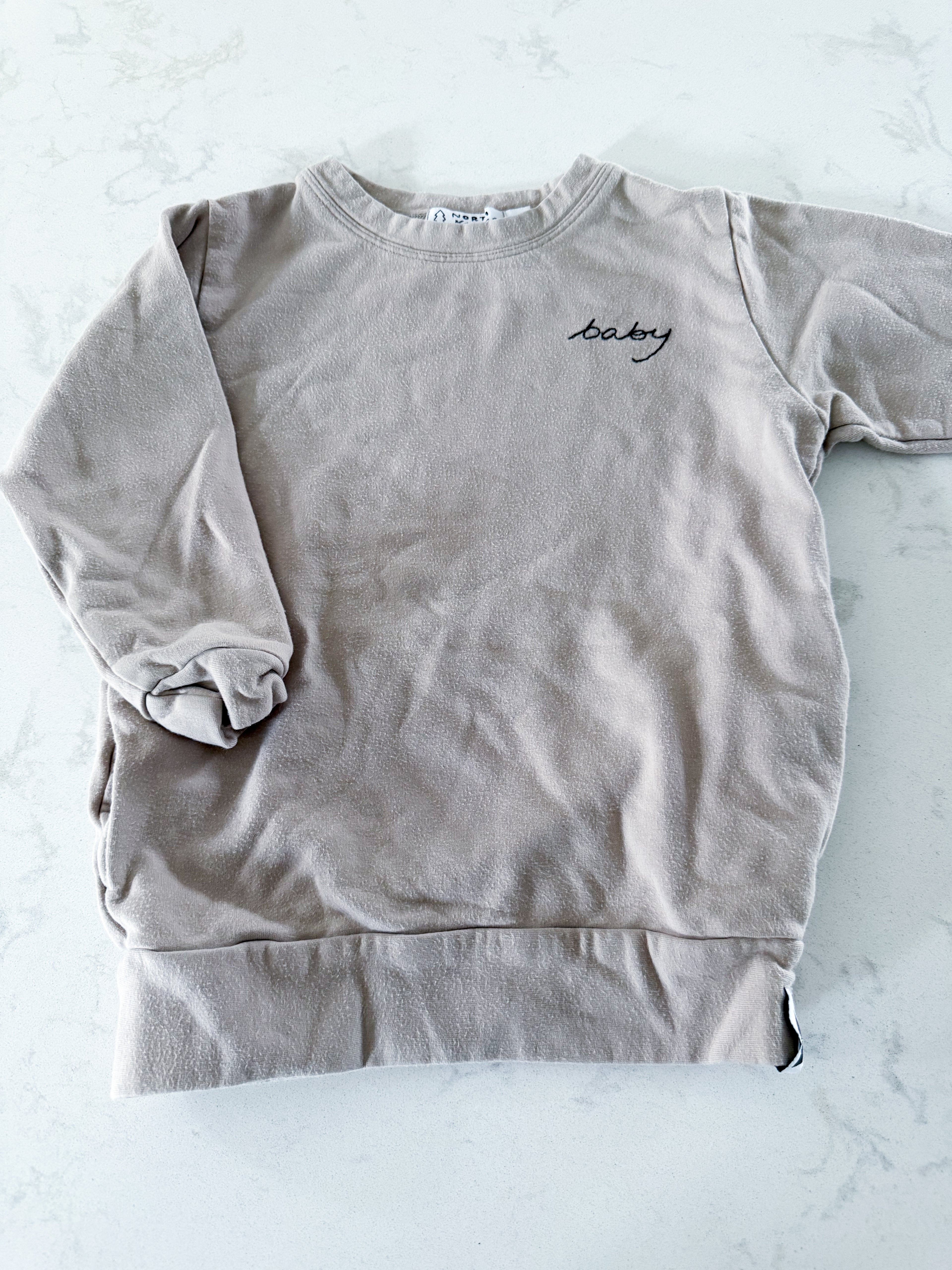 North Kinder- fits 3T- PLAY- beige crew with embroidered “baby”
