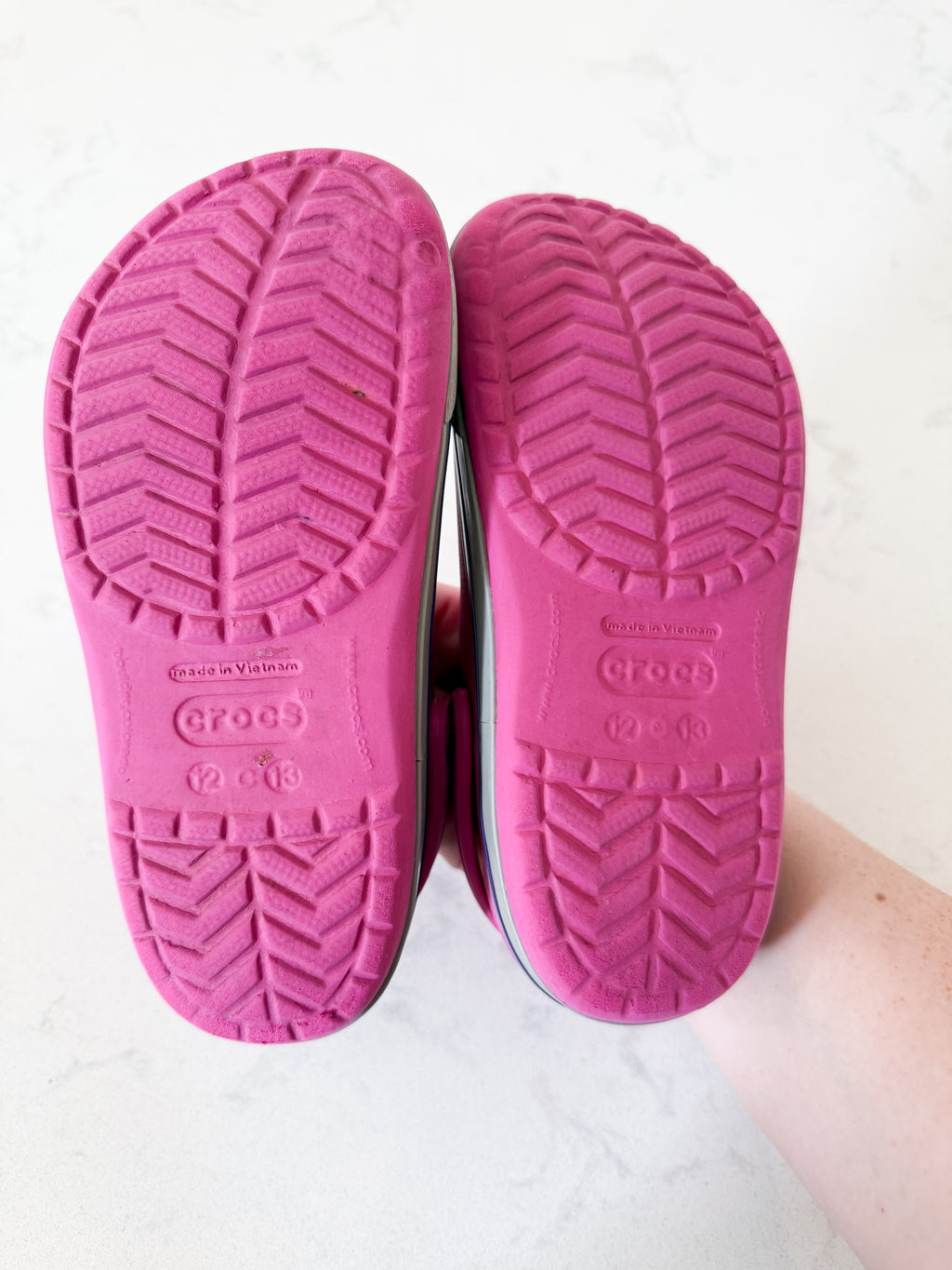 Crocs- 12/13C- GUC- pink crocs with grey trim