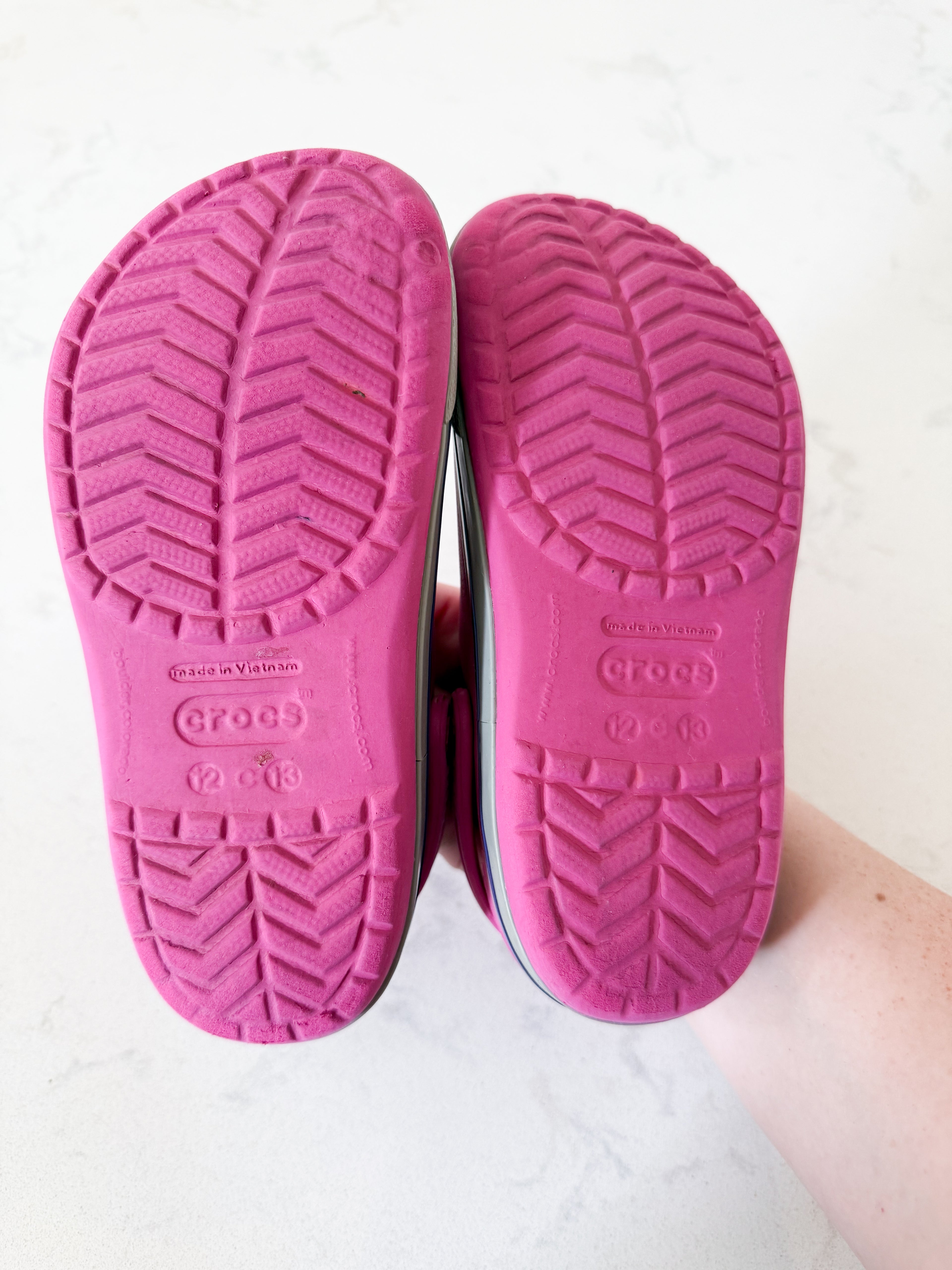 Crocs- 12/13C- GUC- pink crocs with grey trim