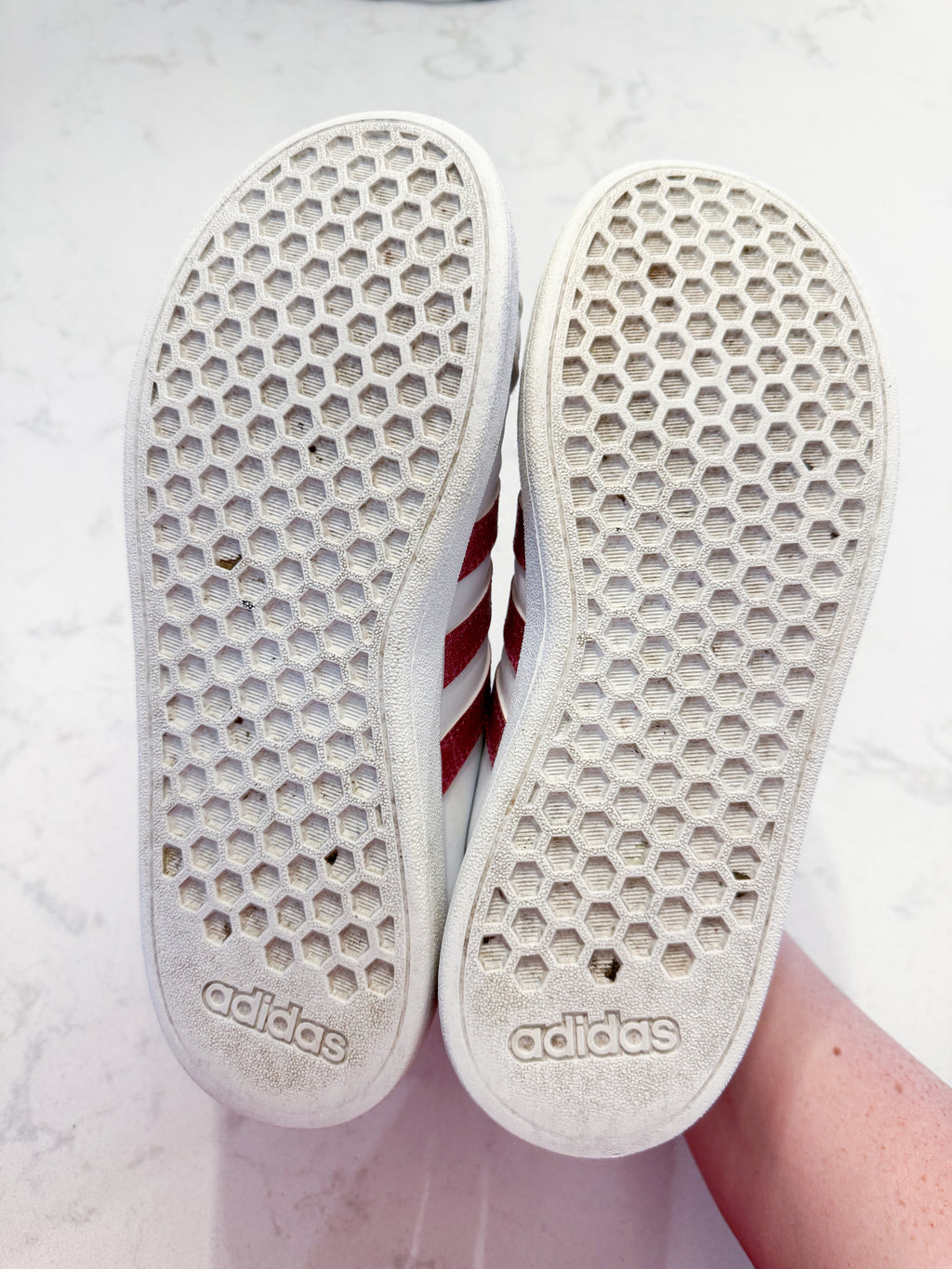 Adidas- 3Y- PLAY- white shoes with sparkly pink accents and Velcro strap
