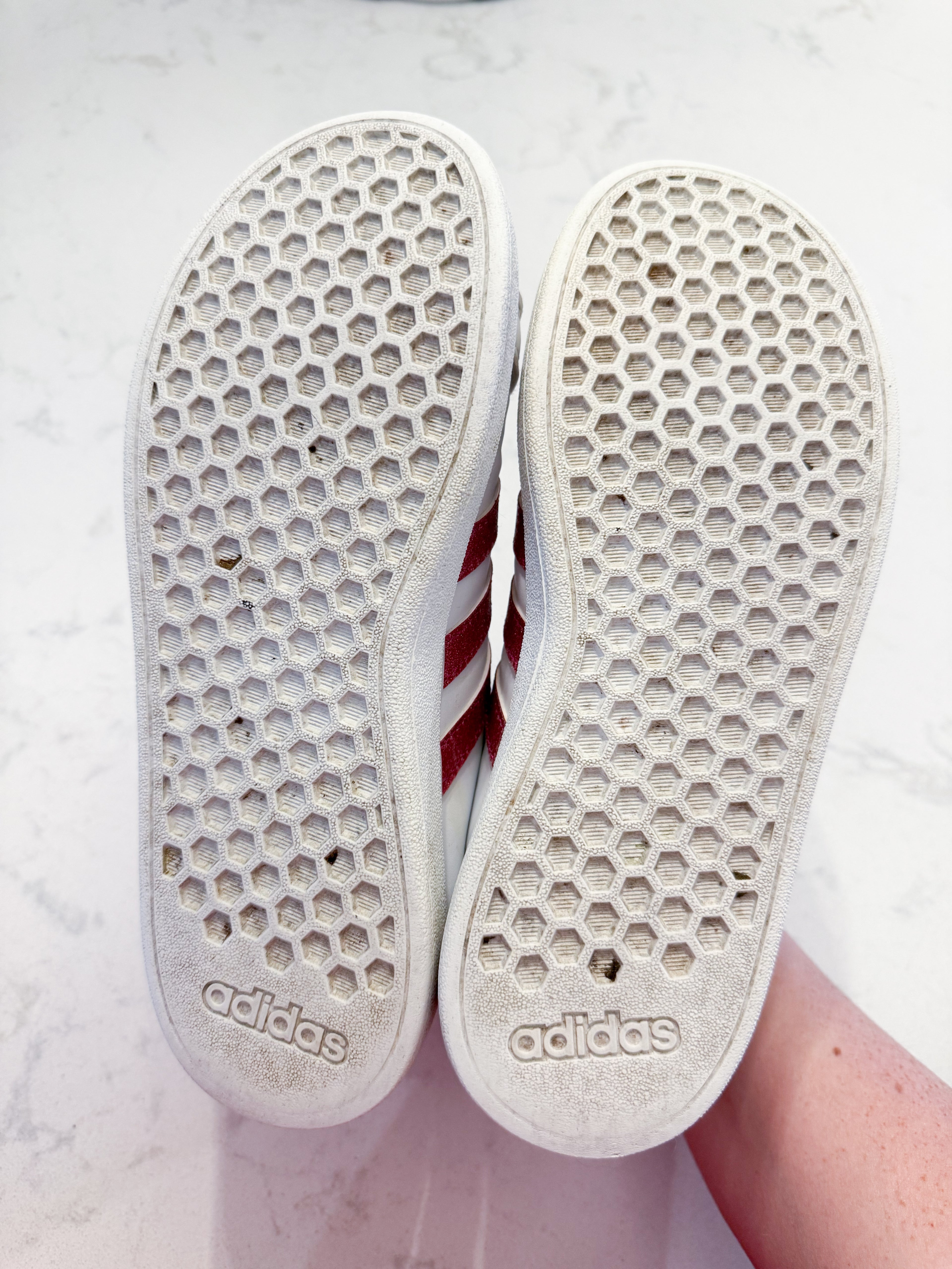 Adidas- 3Y- PLAY- white shoes with sparkly pink accents and Velcro strap