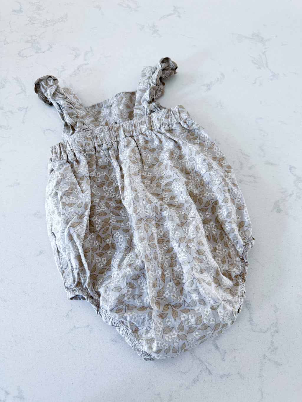 Carters- 12m- VGUC- grey beige tank bodysuit with tiny florals and leaves