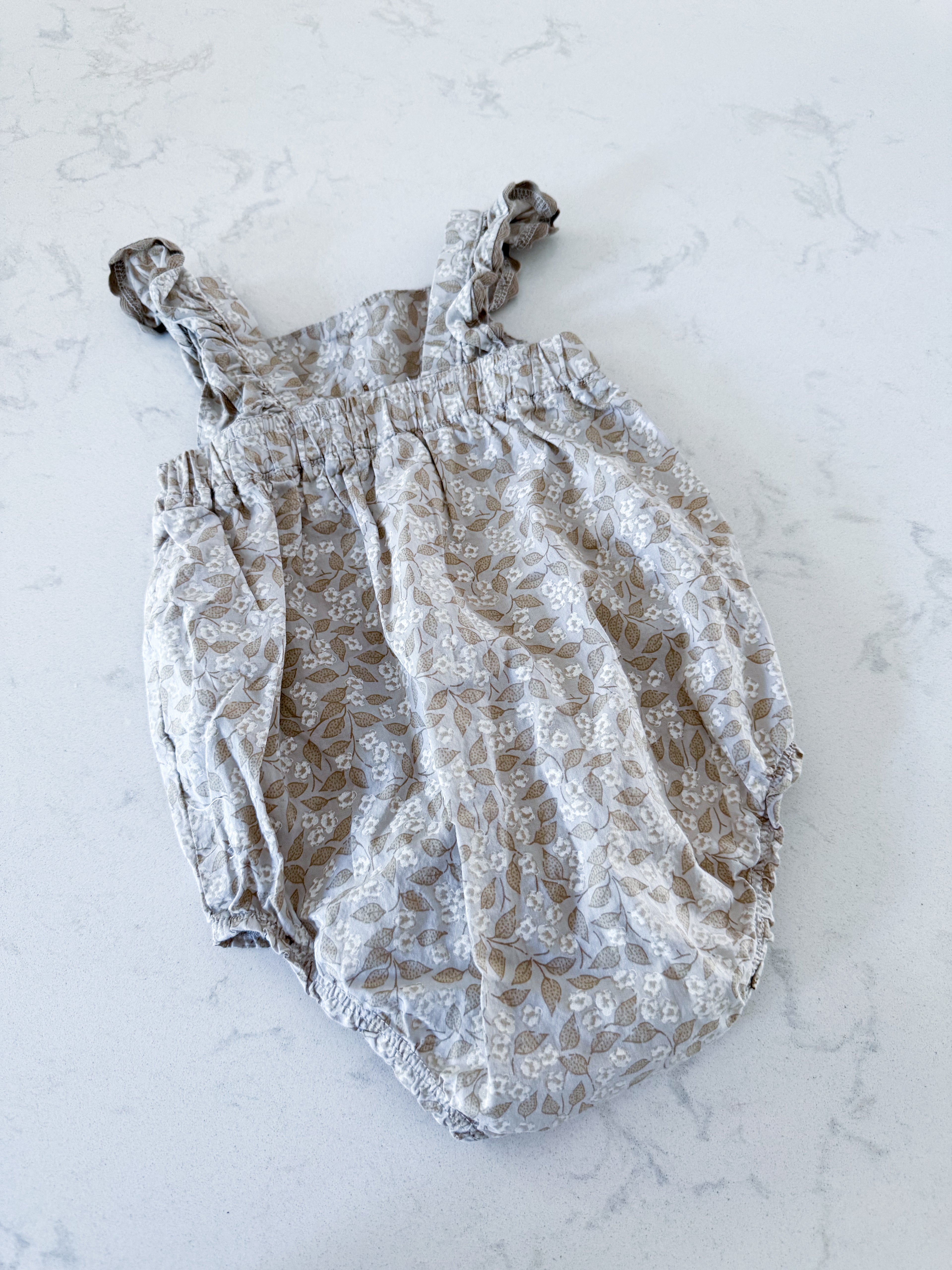 Carters- 12m- VGUC- grey beige tank bodysuit with tiny florals and leaves
