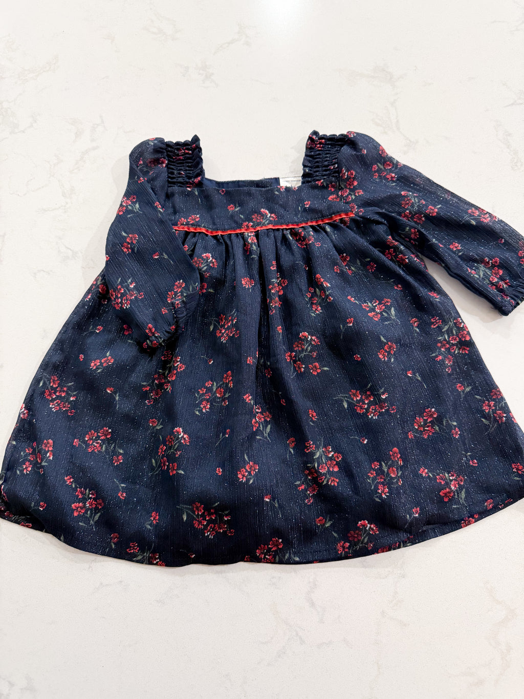 Baby B’gosh- 6m- VGUC- navy blue metallic chiffon dress with red florals