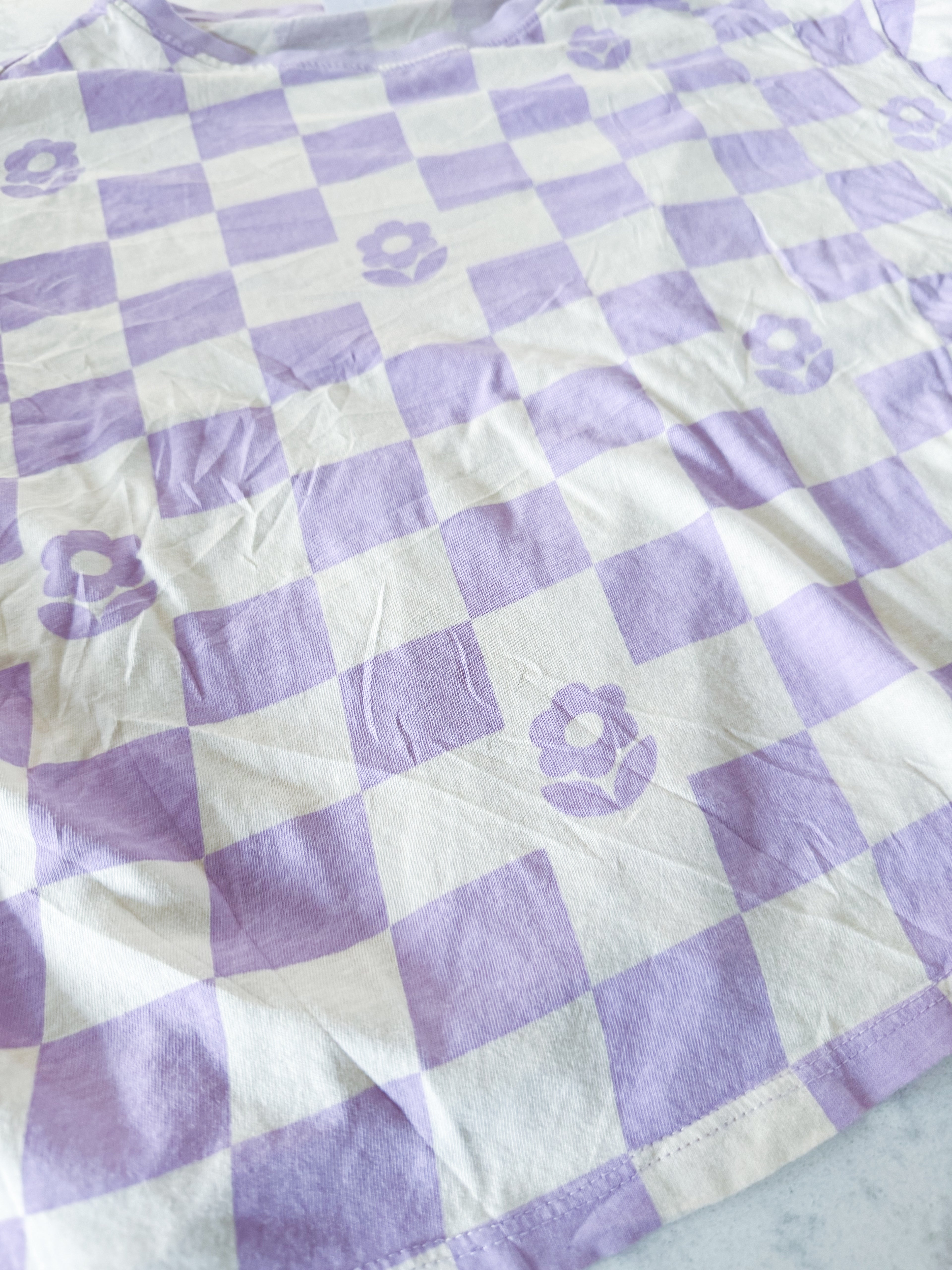 Zara- 13-14Y- VGUC- purple and cream coloured checkered short t shirt