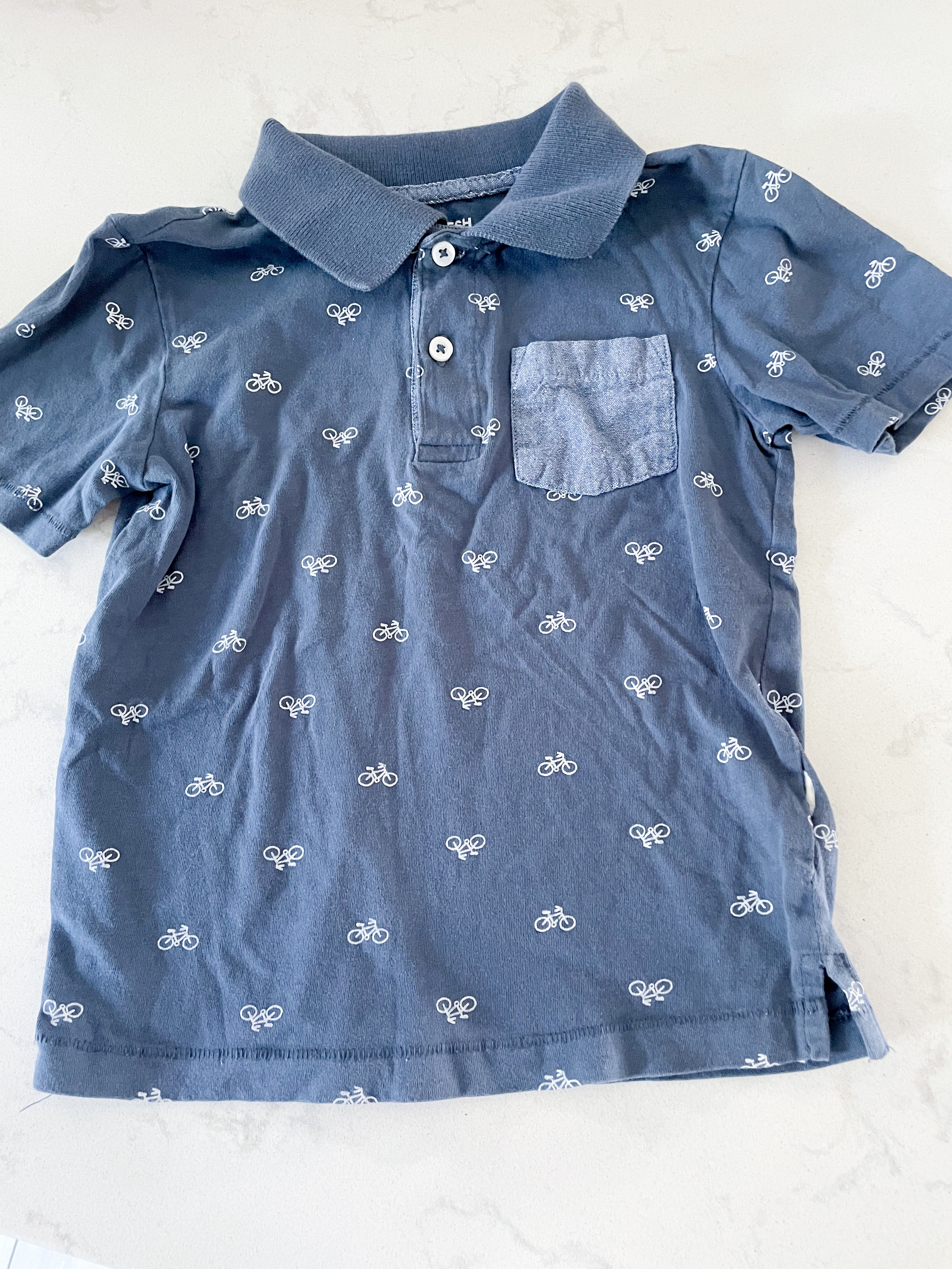 Joe Fresh- 4T- GUC- steel blue polo with bicycles