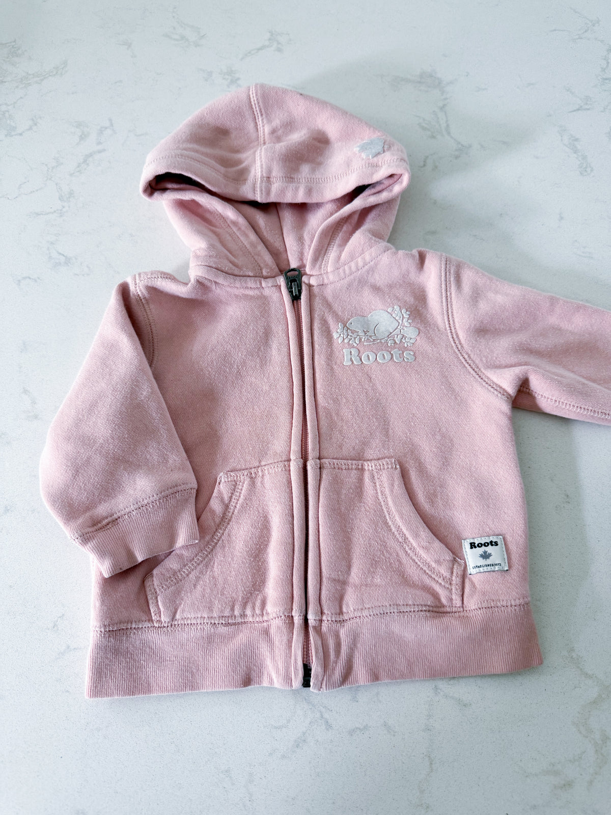 Roots- 6-12m- PLAY- light pink zip up hoodie with white logo
