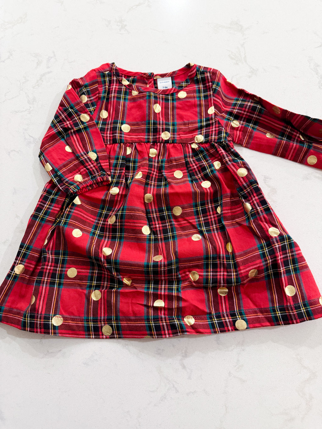 Old Navy- 3-6m- VGUC- long sleeve red plaid dress with gold metallic polka dots