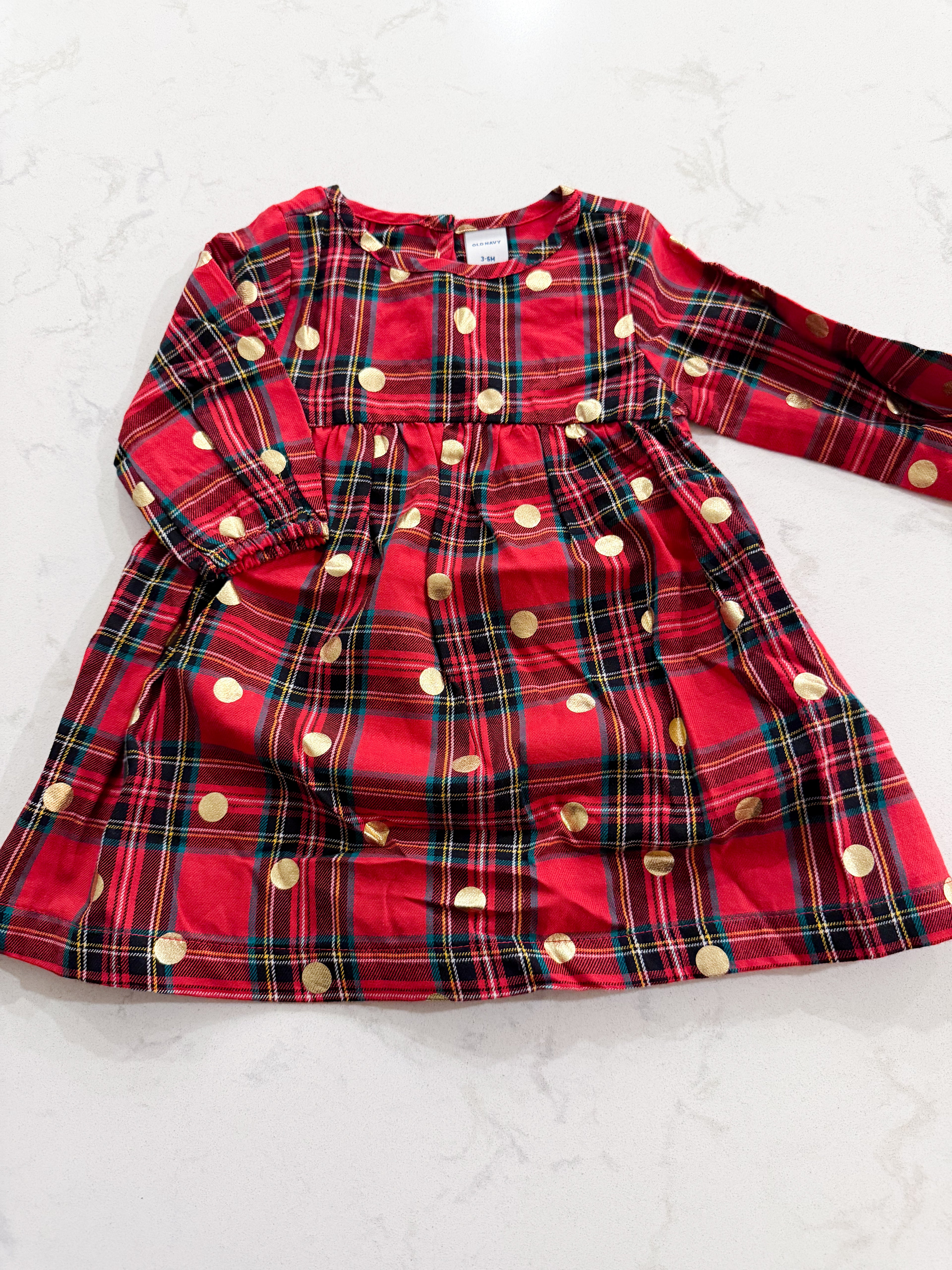 Old Navy- 3-6m- VGUC- long sleeve red plaid dress with gold metallic polka dots
