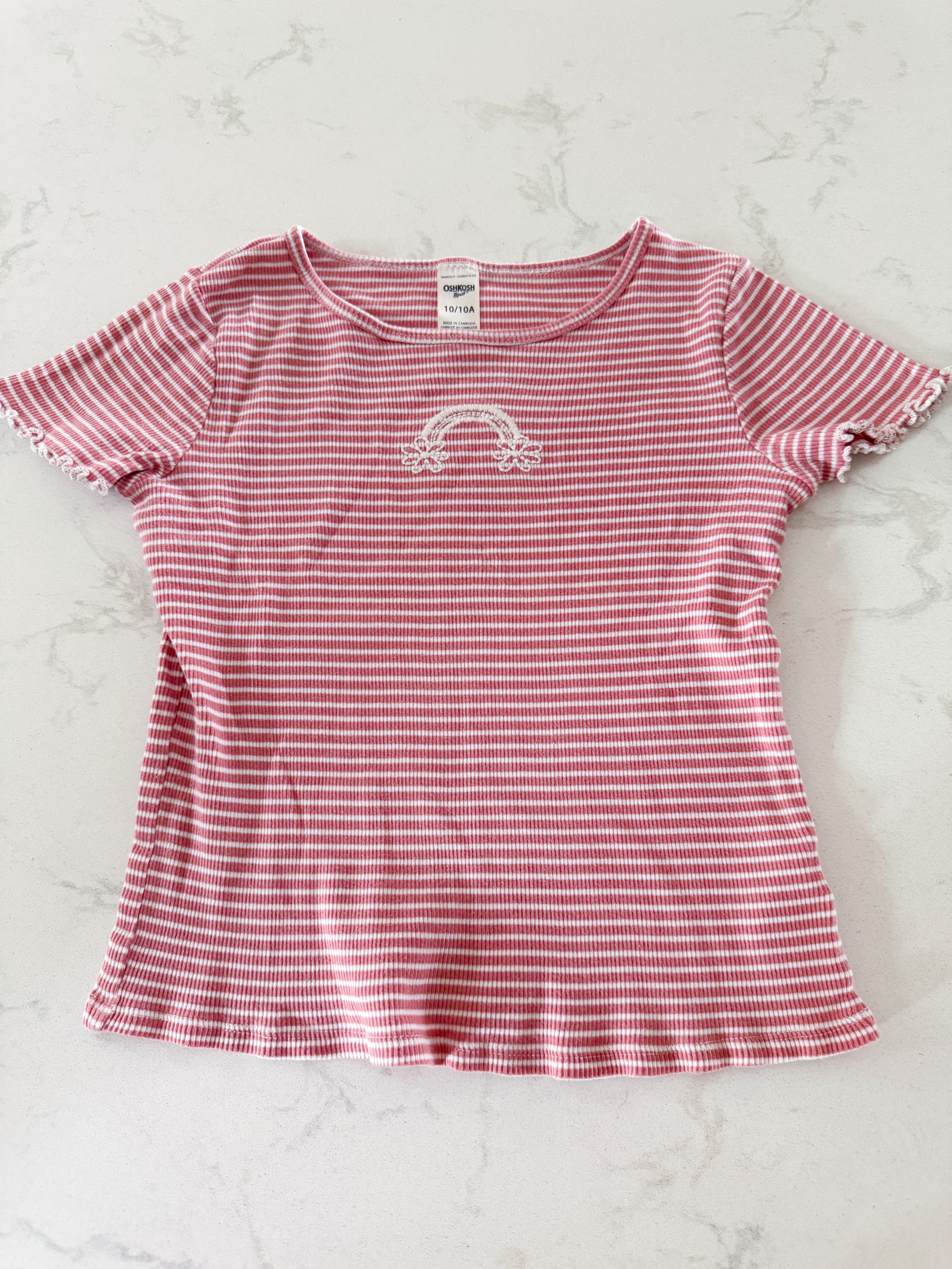 Oshkosh- 10Y- GUC- short sleeve shirt with thin white stripes with embroidered rainbow