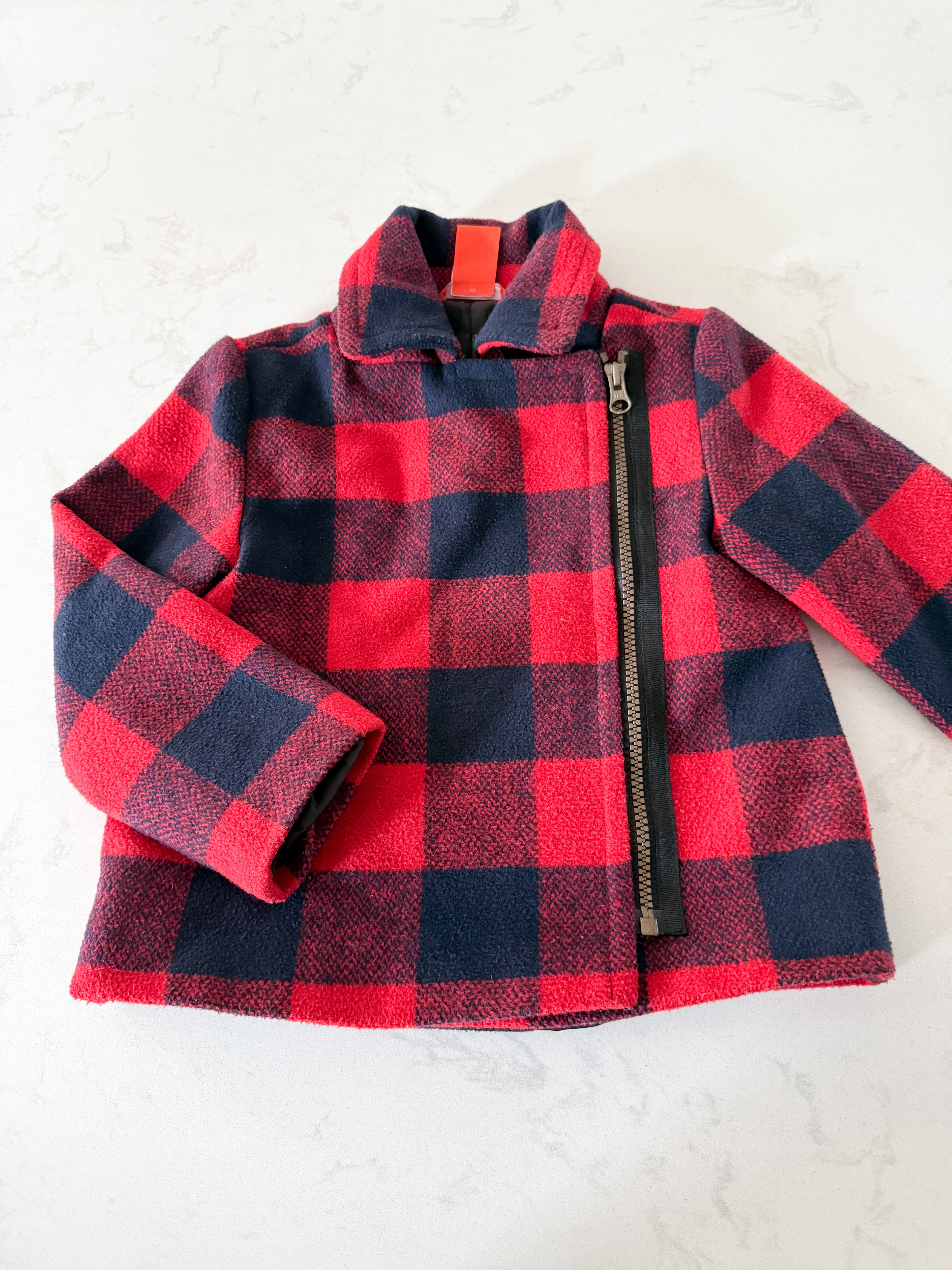 Joe Fresh- 4T- GUC- fuzzy red and black checkered zip up jacket