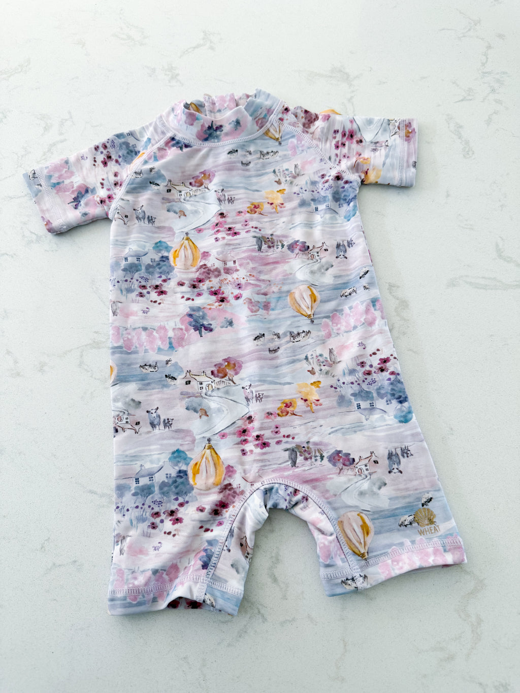 Wheat Kids- 9m- VGUC- pastel pink and blue swim suit with country side pattern