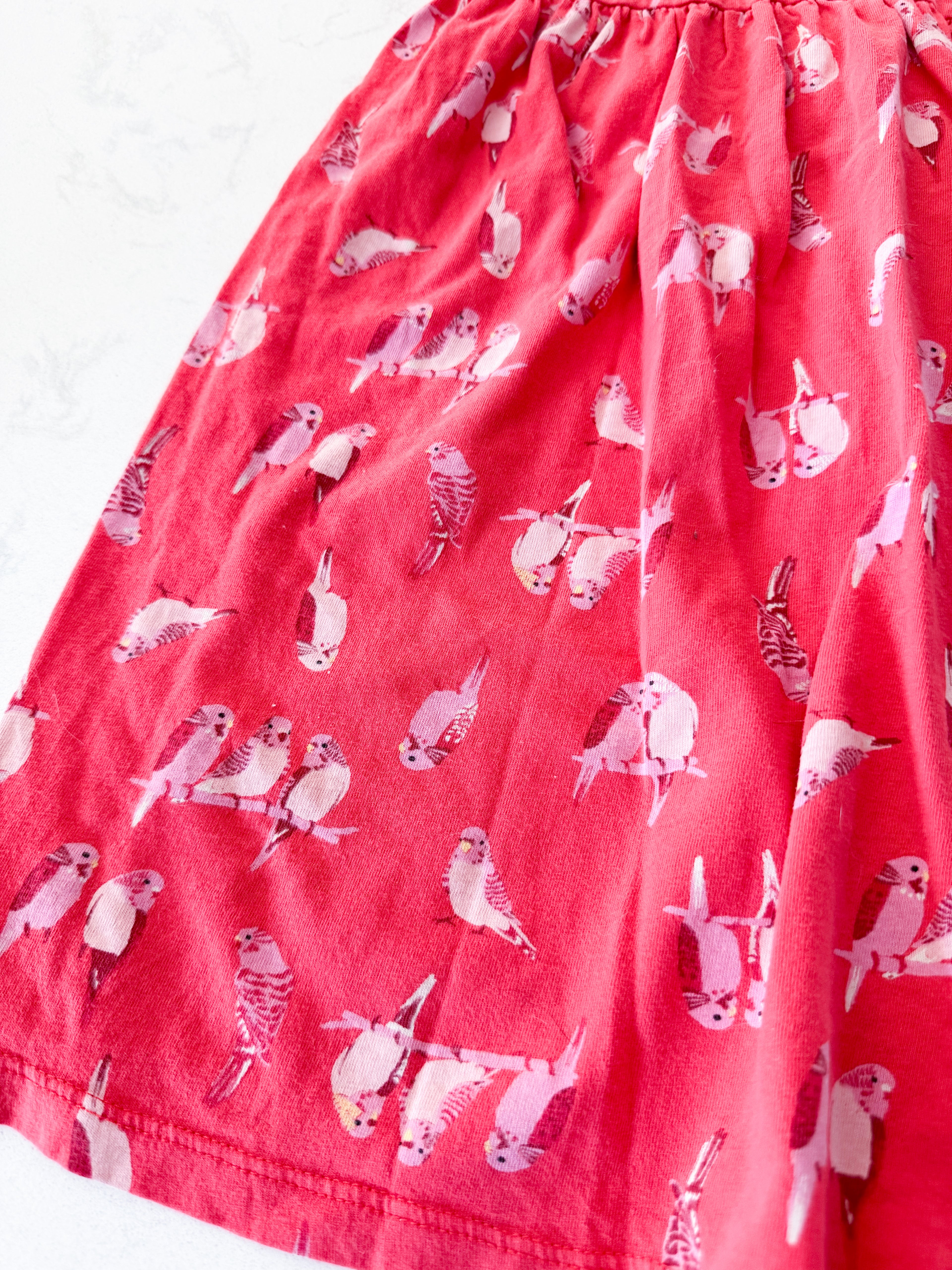 H&M- 8-10Y- GUC- red tank dress with pink parakeet birds