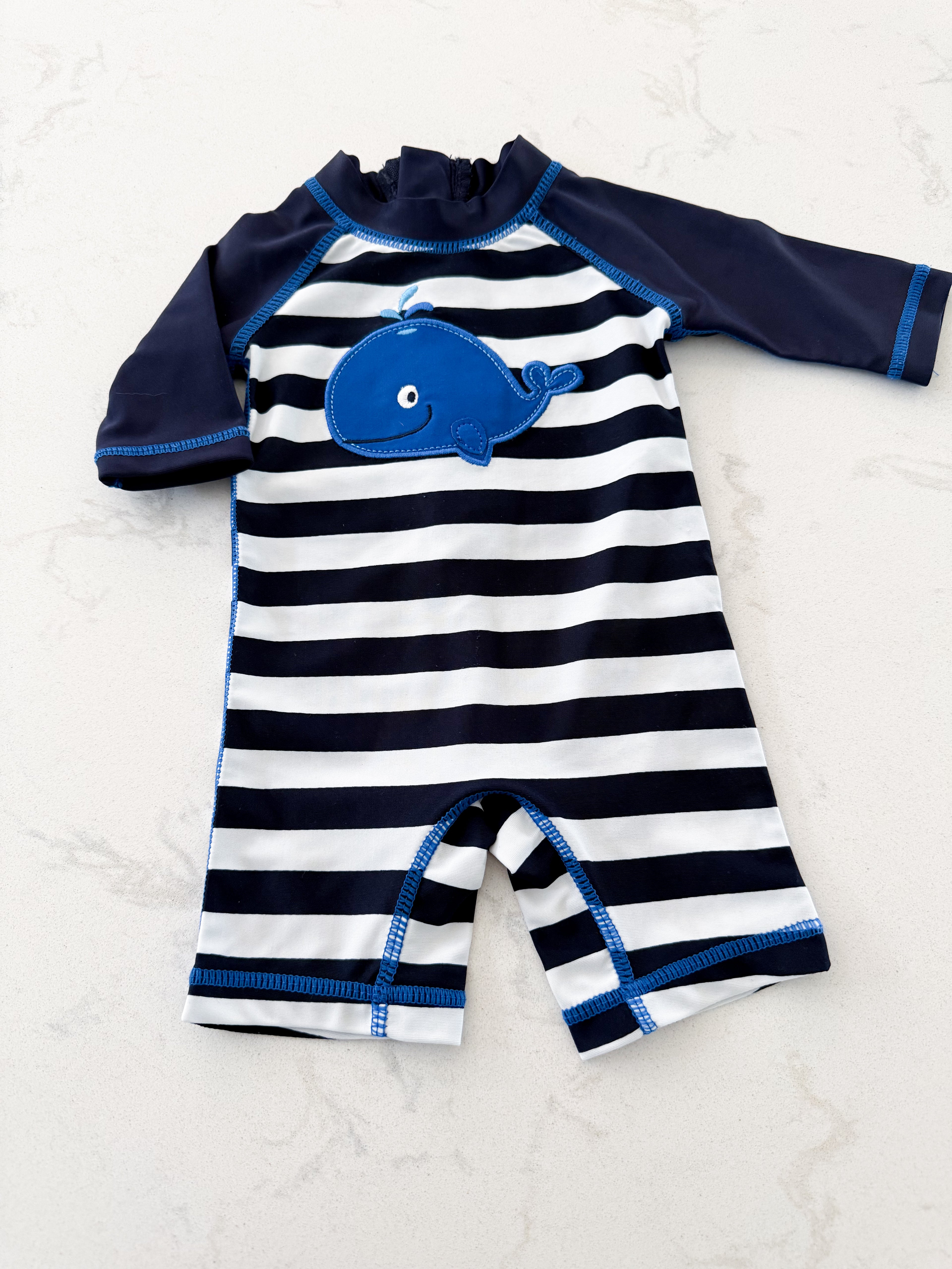 Koala Kids- newborn- VGUC- navy and white stripes swimsuit with whale on front