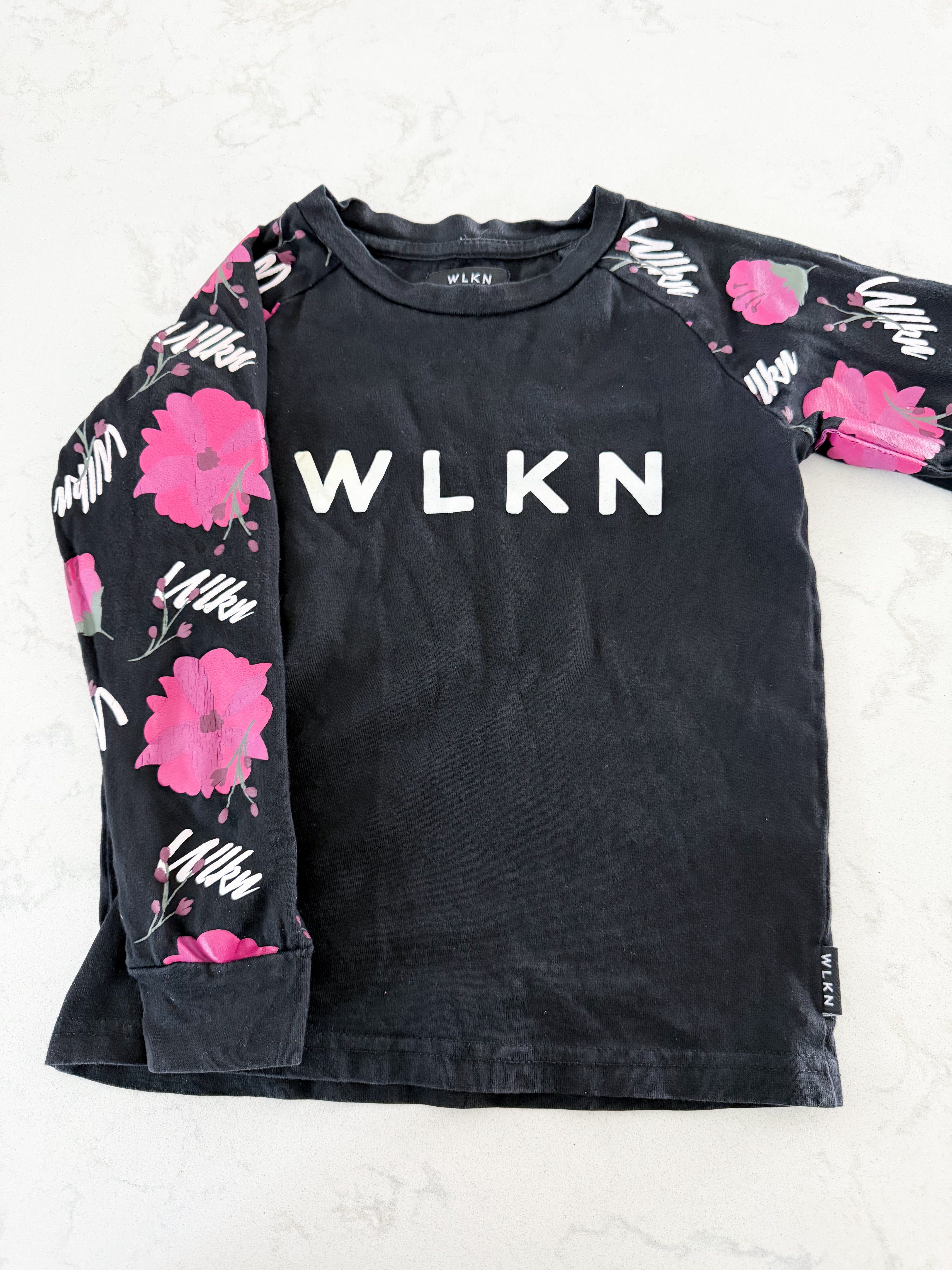 WLKN- 6Y- GUC- long sleeve black shirt with magenta floral sleeves