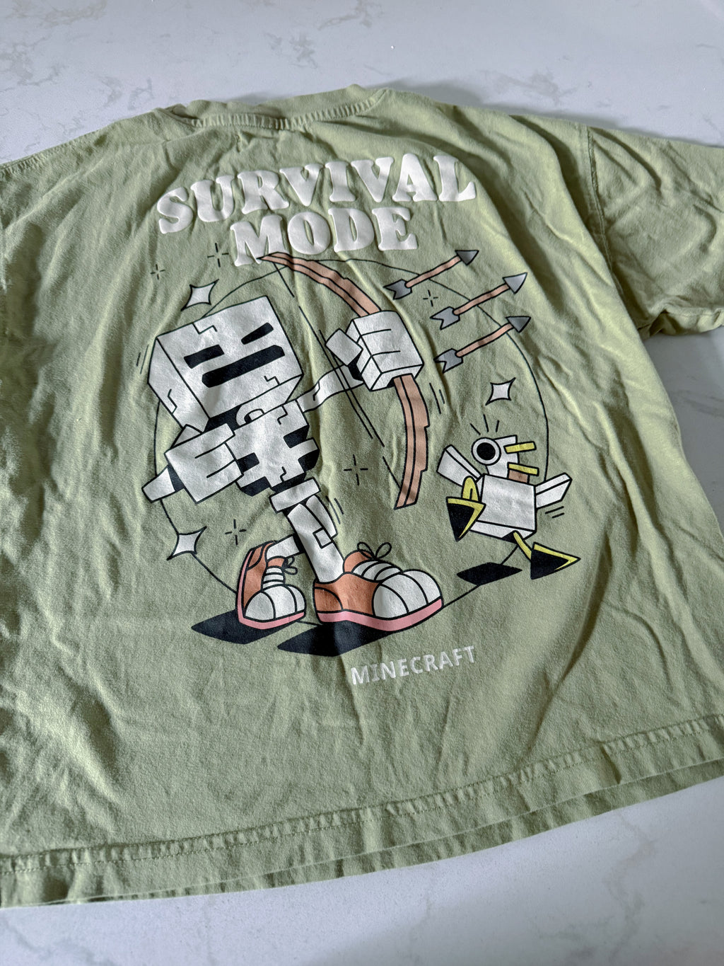 Zara- 8-9Y- GUC- green short t shirt with Minecraft graphics