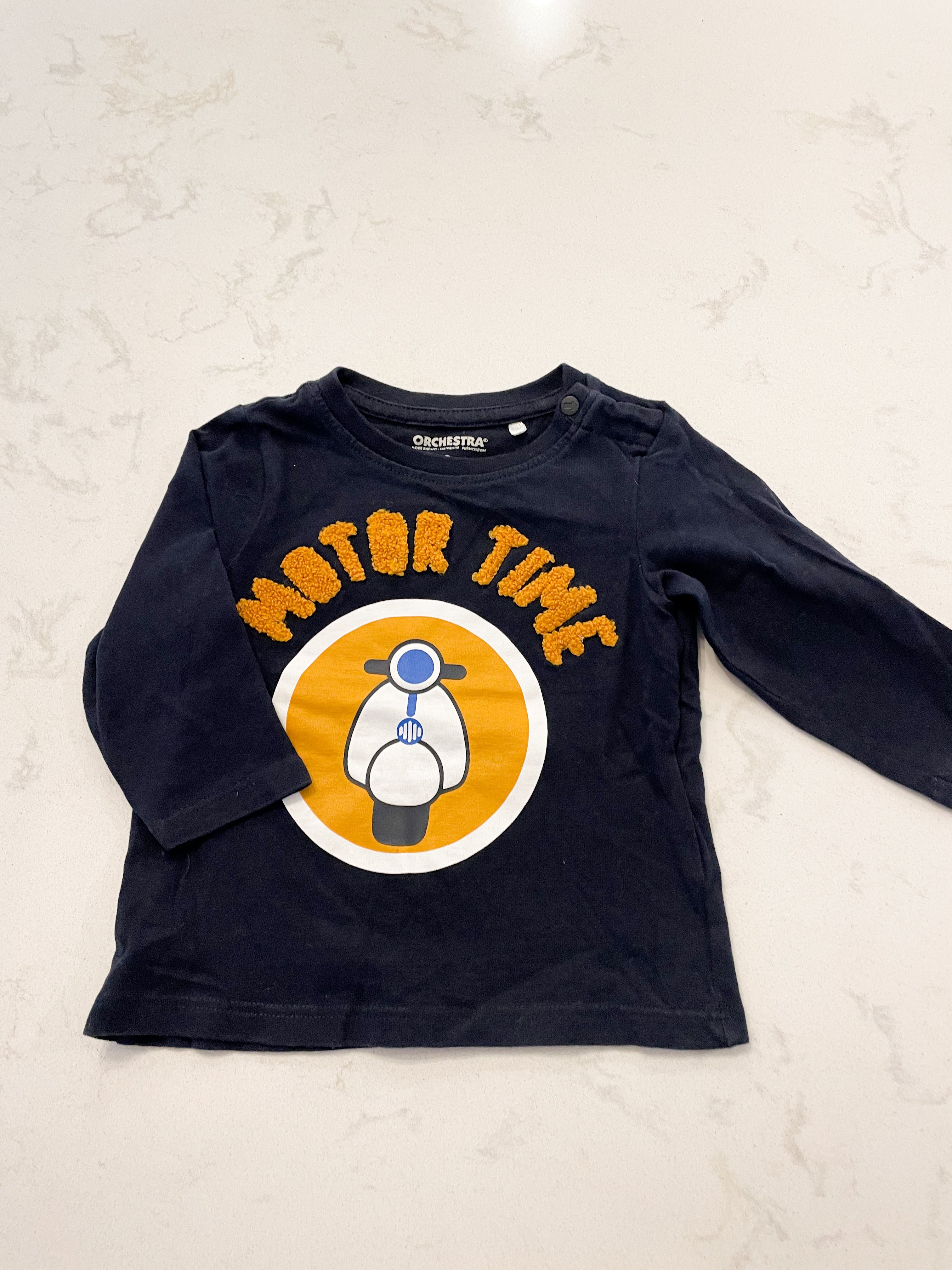 Orchestra- 6 months- long sleeve navy shirt with moped on front