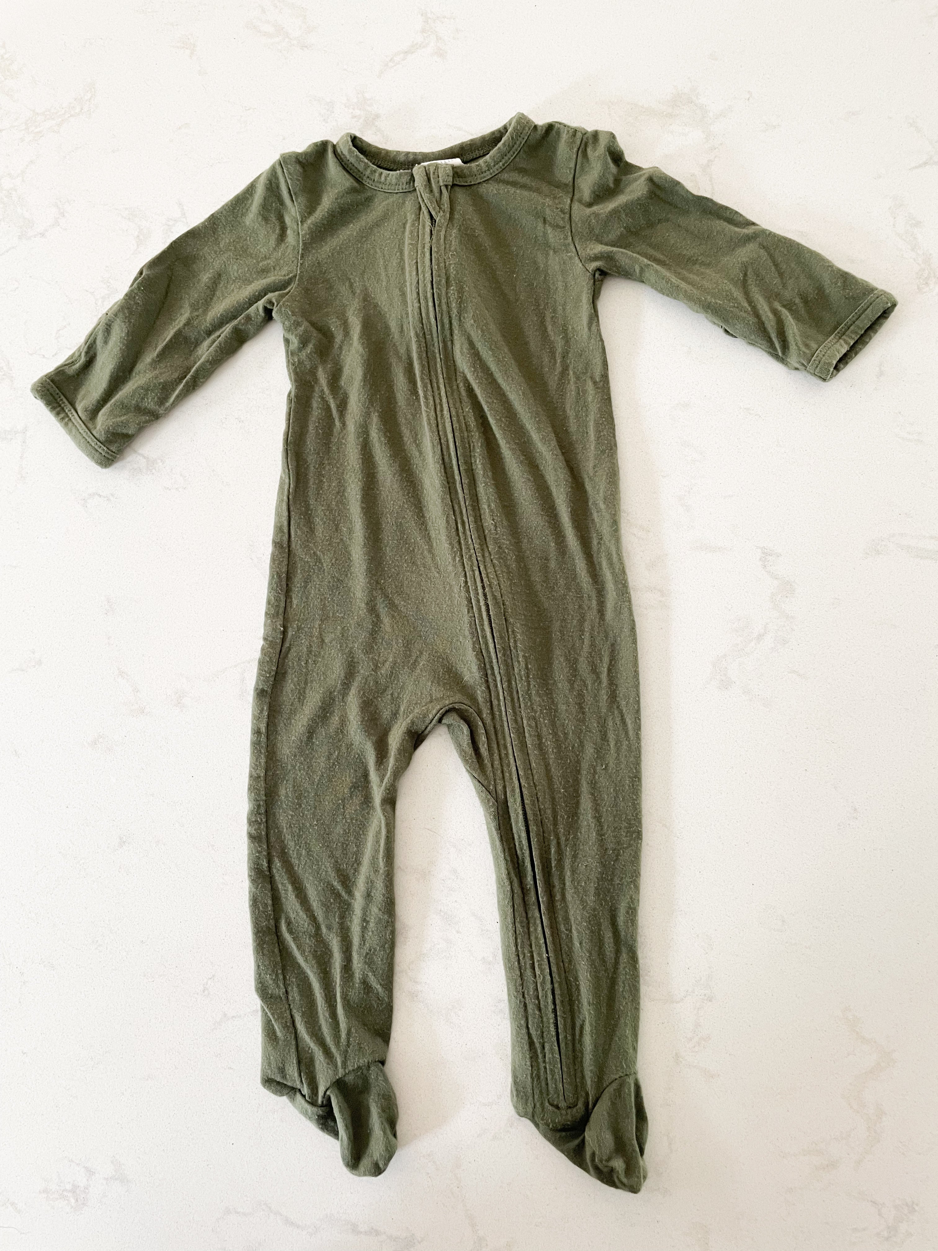 Kate Quinn- 0-3 months- zippered footie pajamas olive green