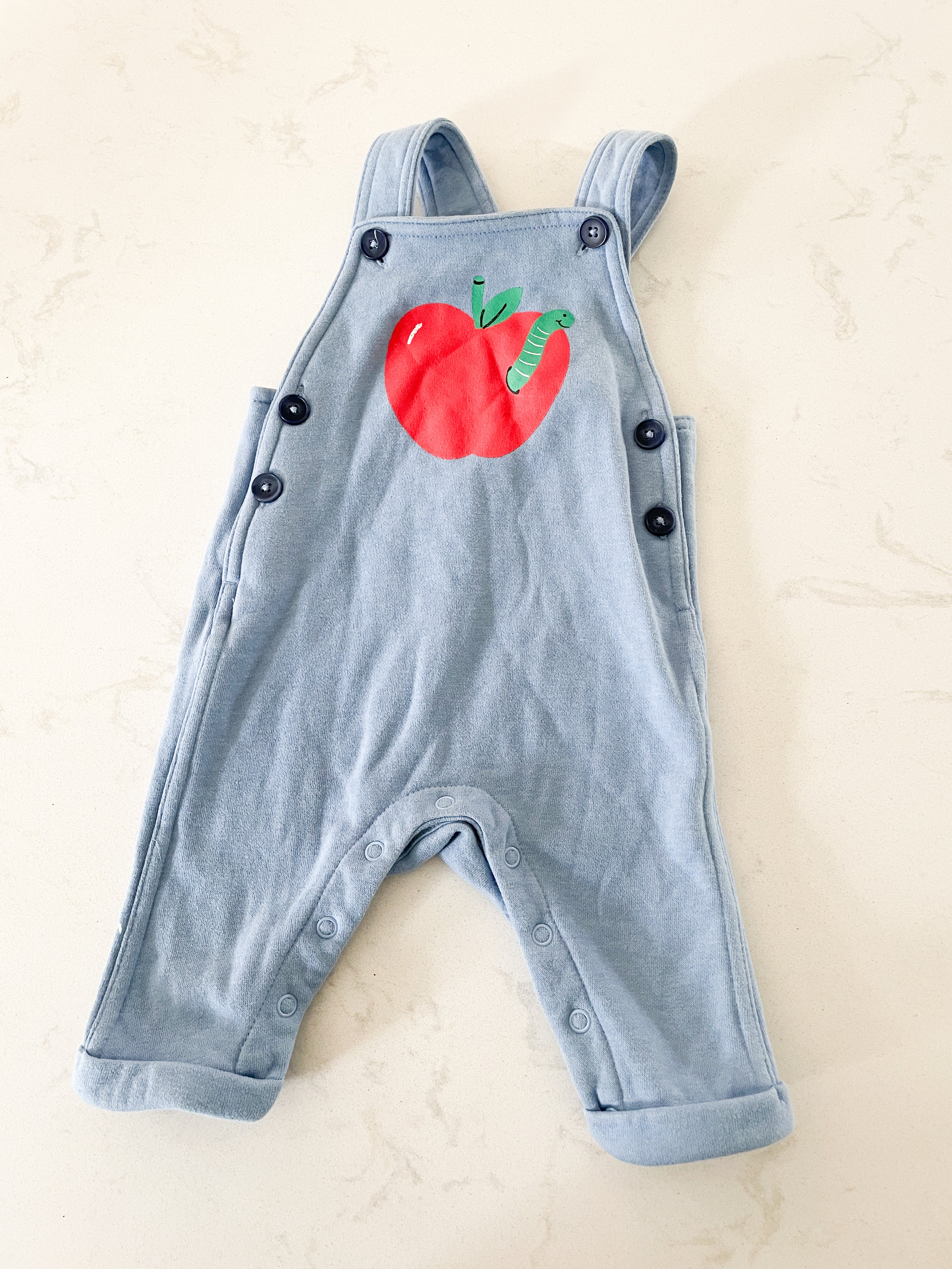 Joe Fresh- 3-6 months- blue cloth overalls with Apple and worm