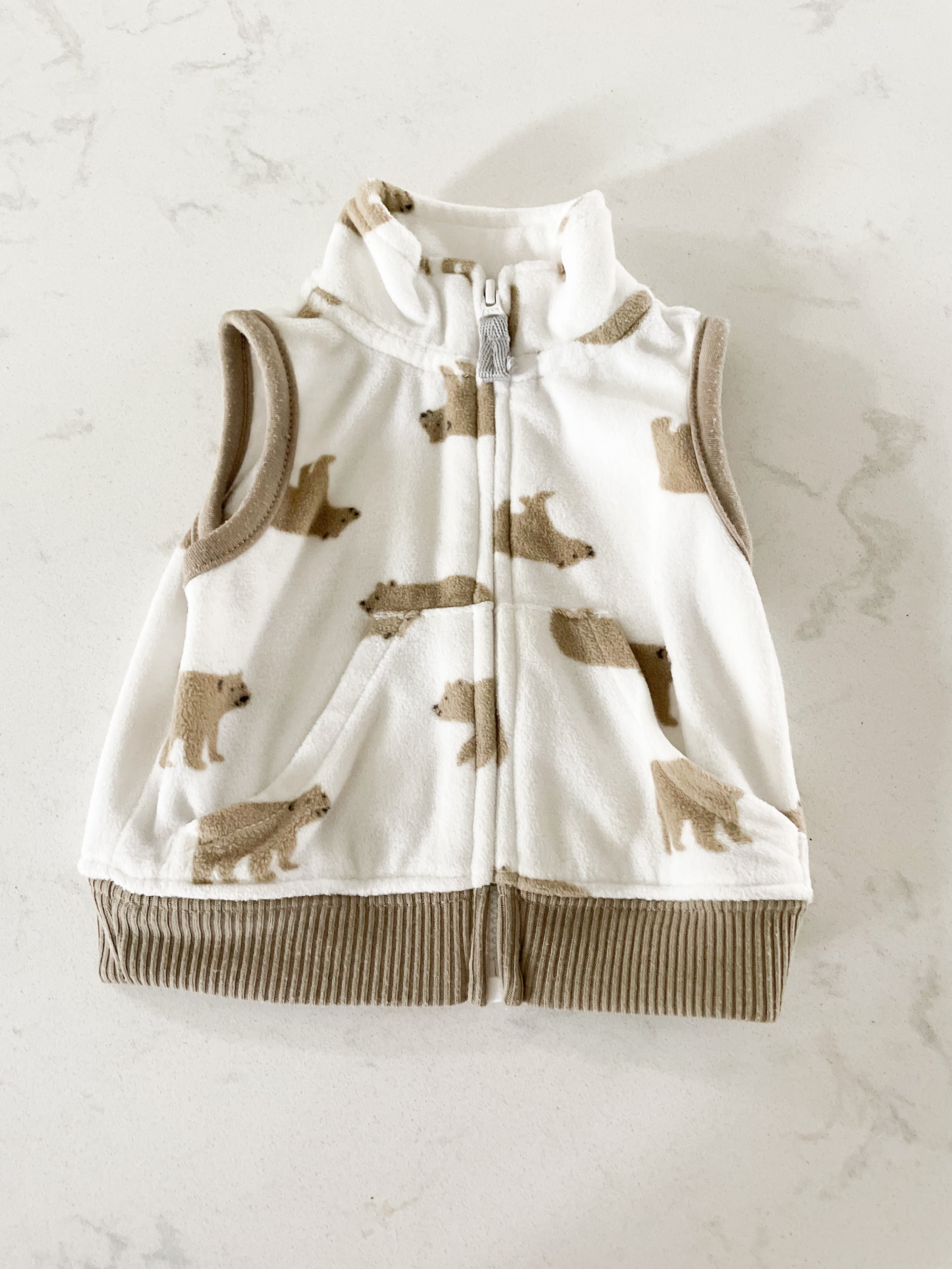 Carter’s- Newborn- fleece white zip up vest with bears