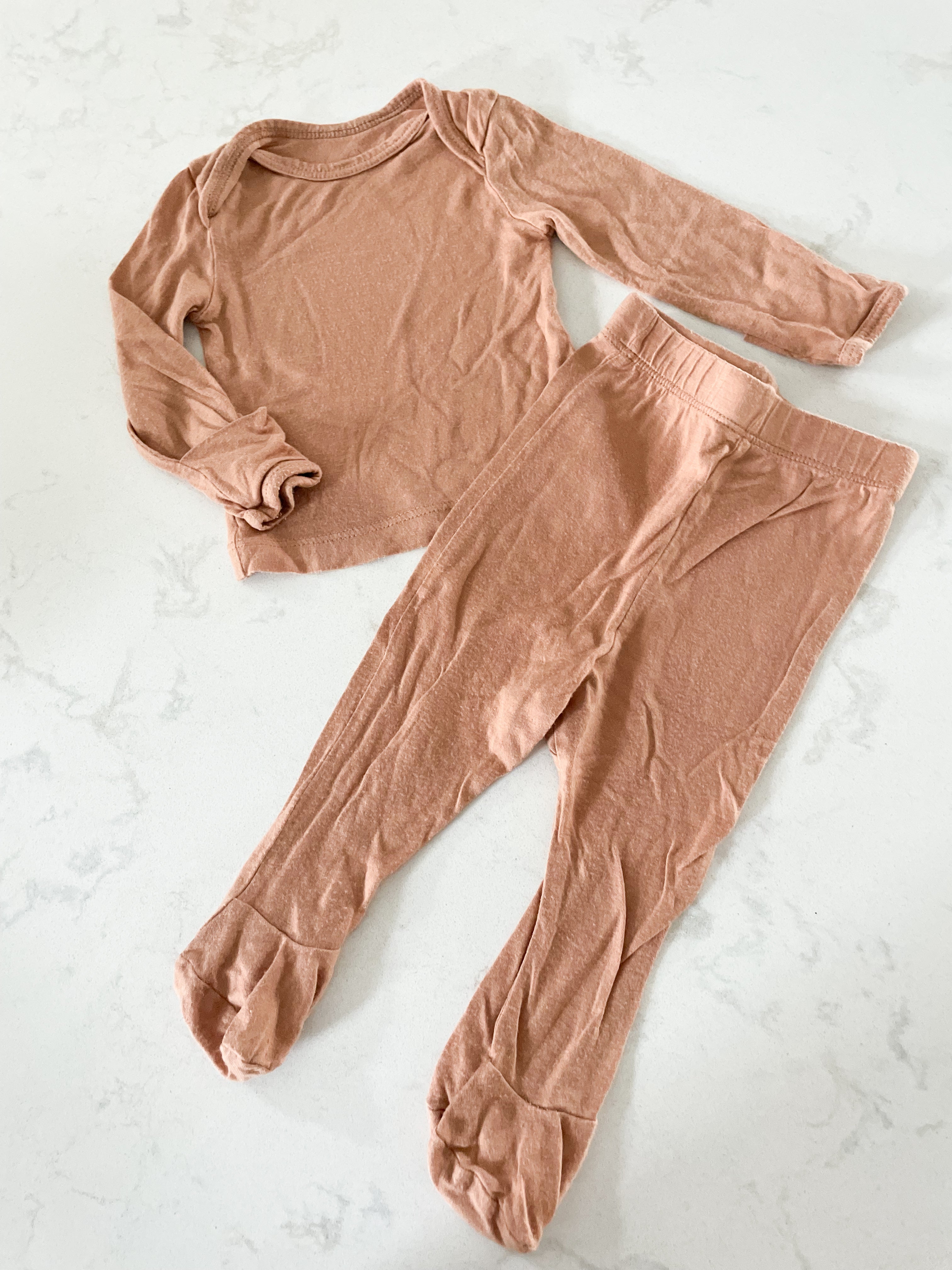Solly Baby- 0-3 months- tan two piece- long sleeve top and footed pants