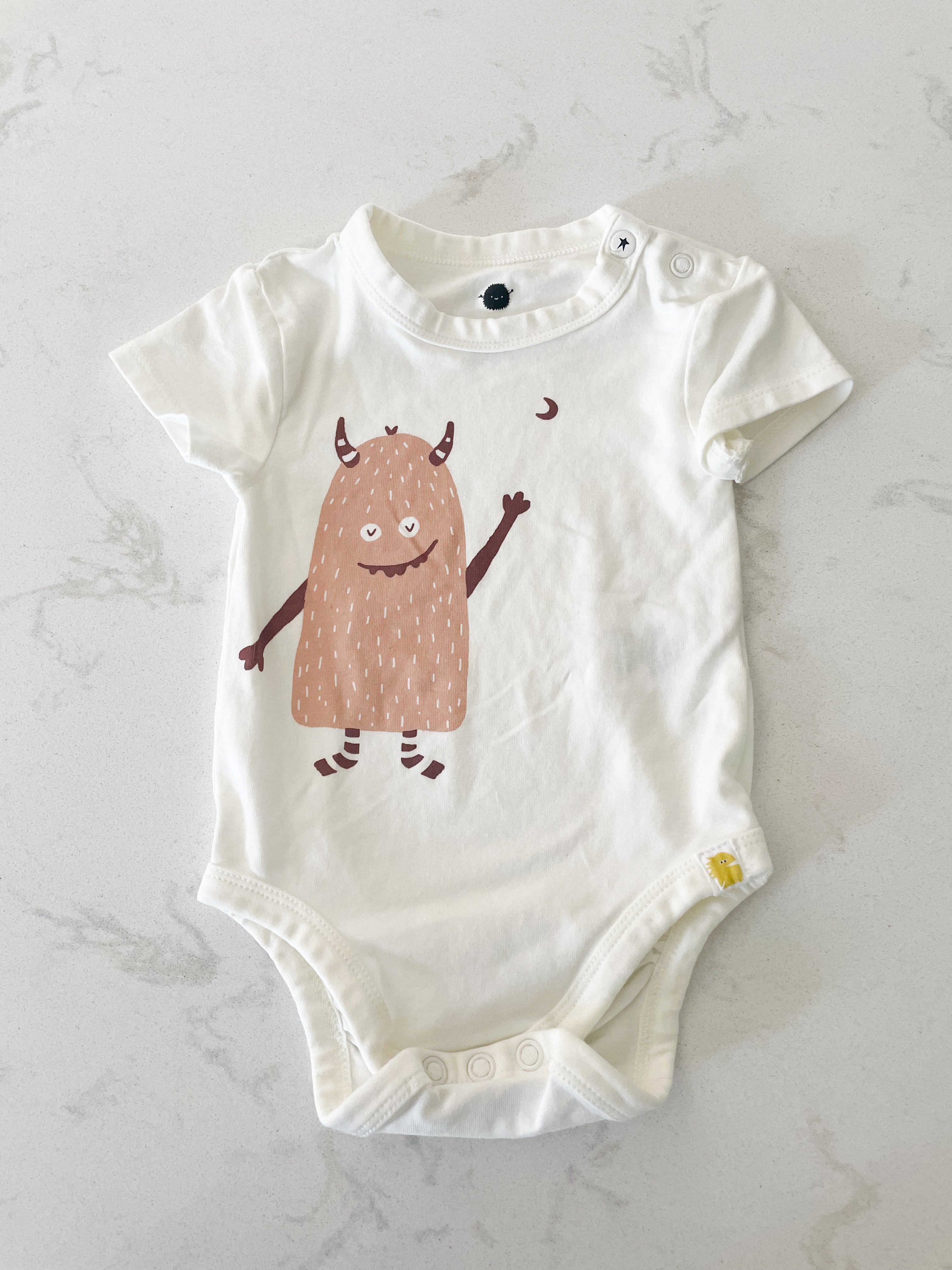 Rise Little Earthling- 3-6 months- white short sleeve bodysuit with monster