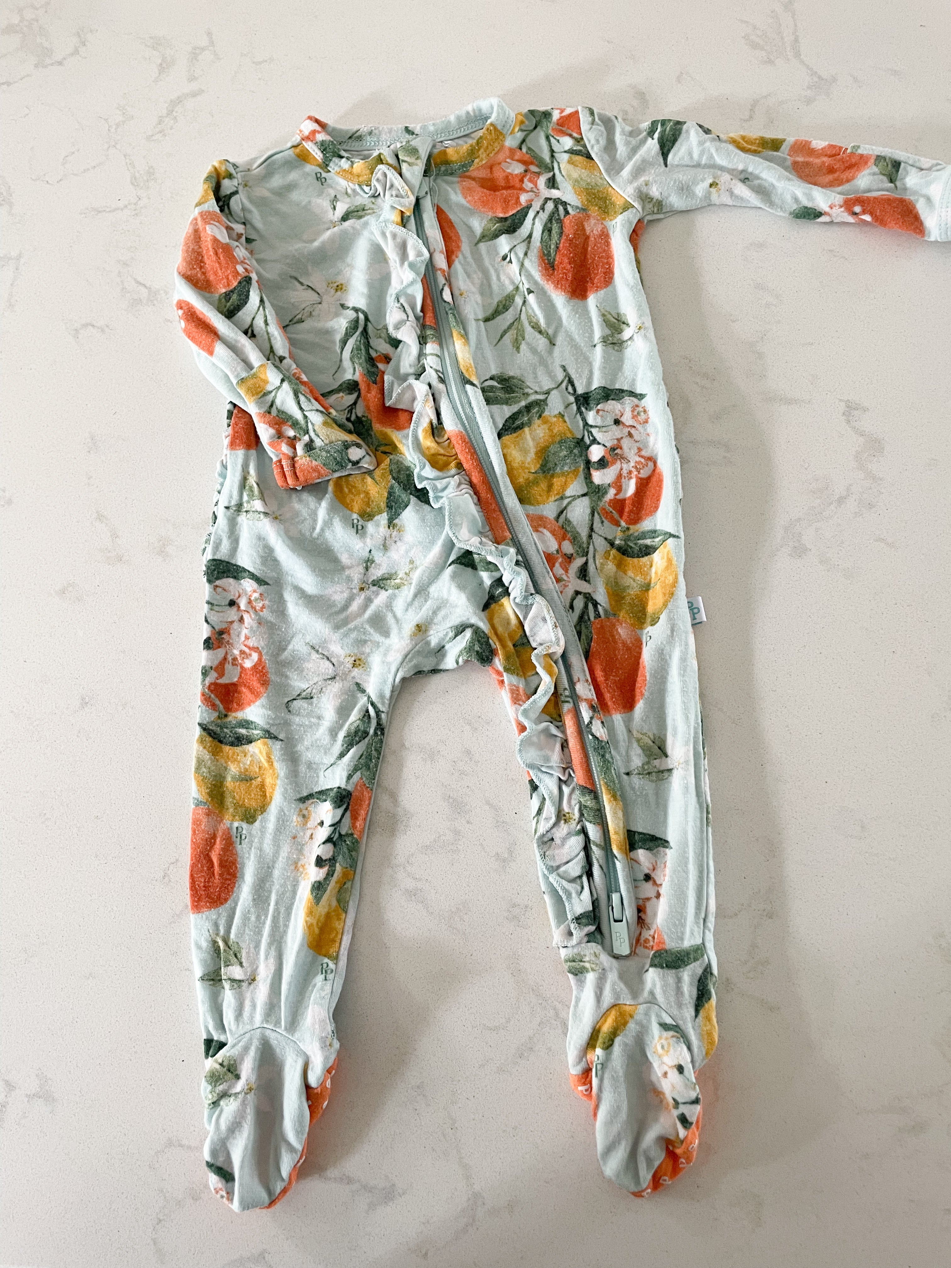 Posh Peanut- Newborn- bamboo citrus footie pajamas with ruffles