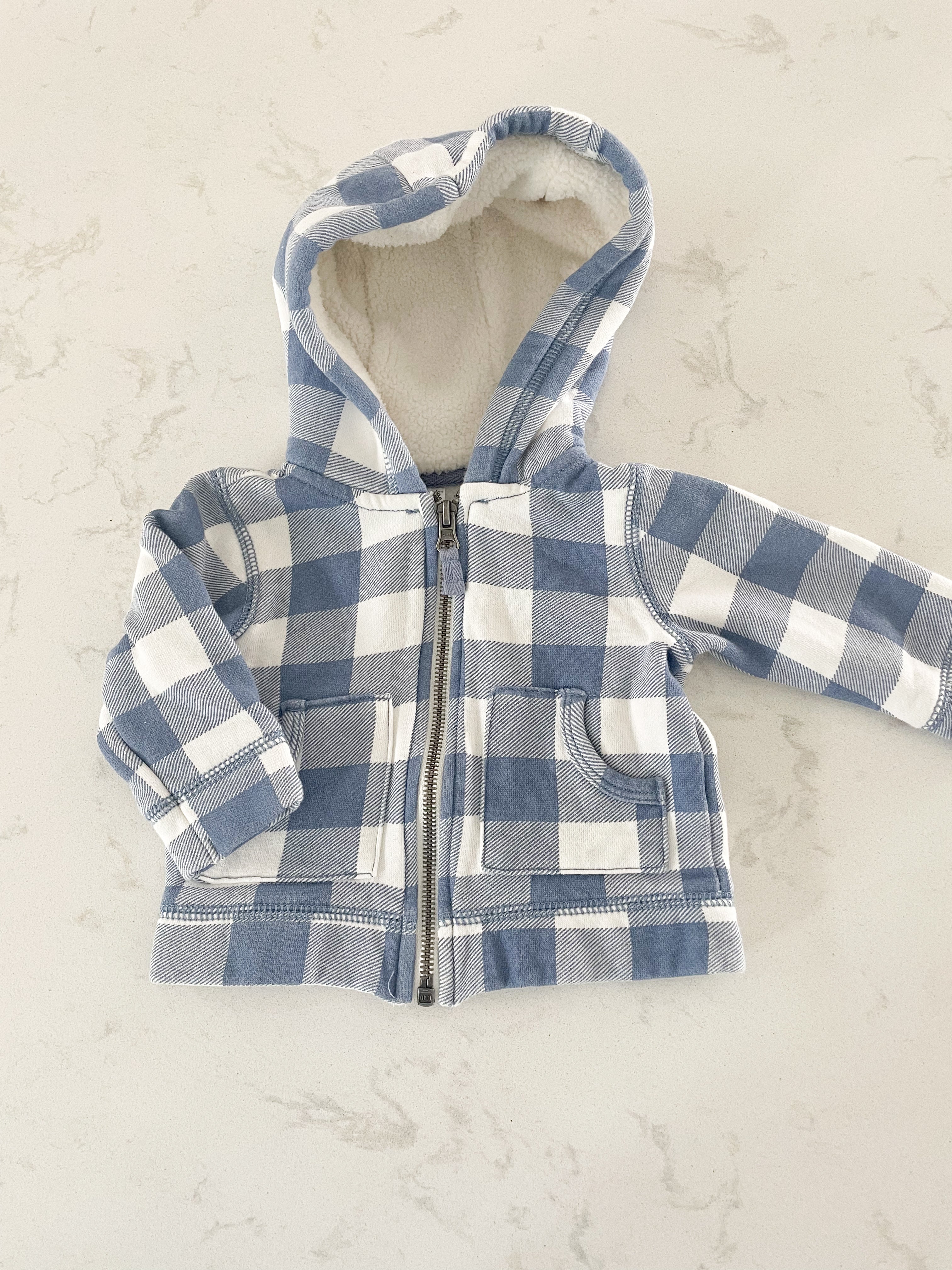 Carter’s- 6 months- light blue and white checkered zip hoodie