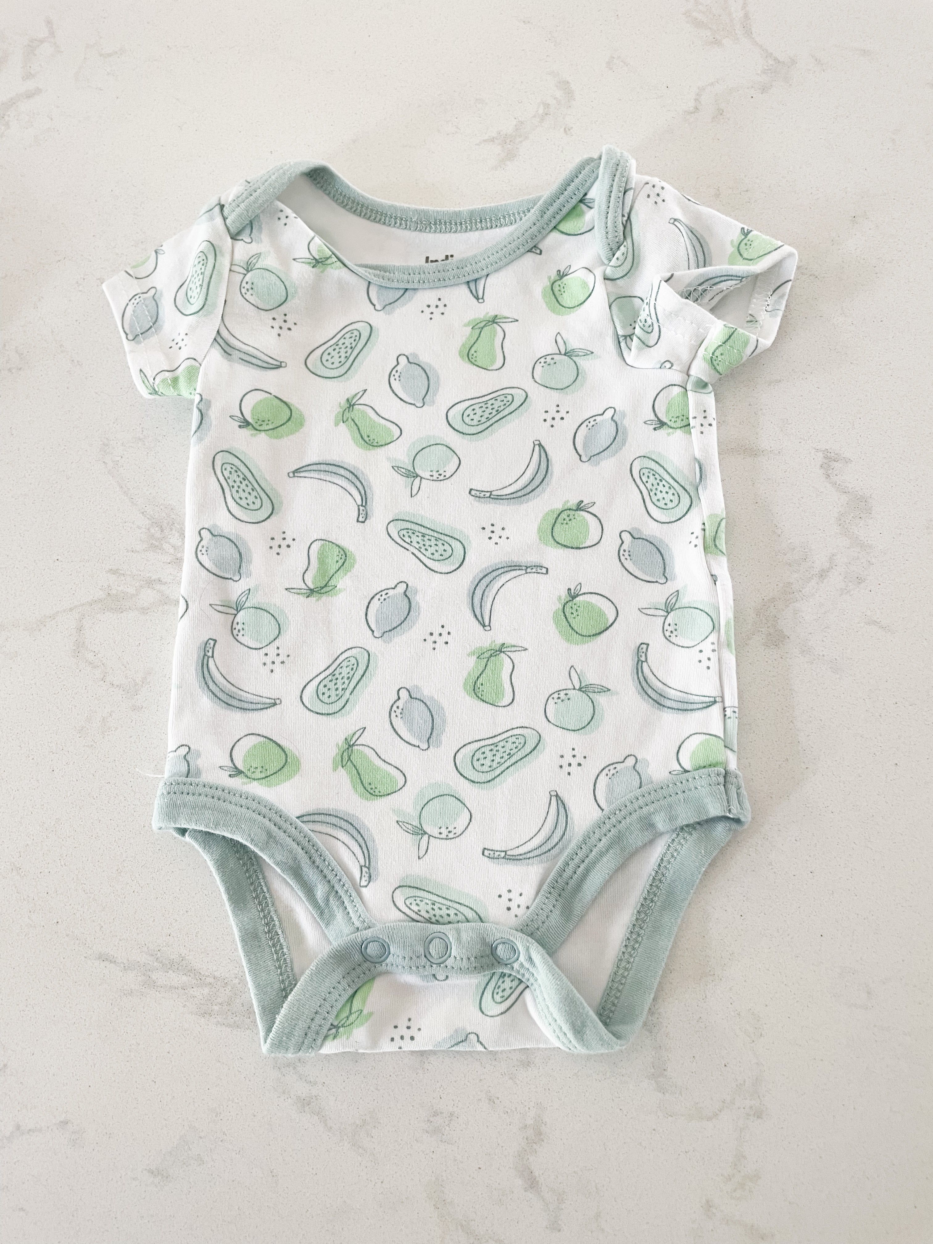 Indigo Baby- 0-3 months- white short sleeved bodysuit with green and blue fruit