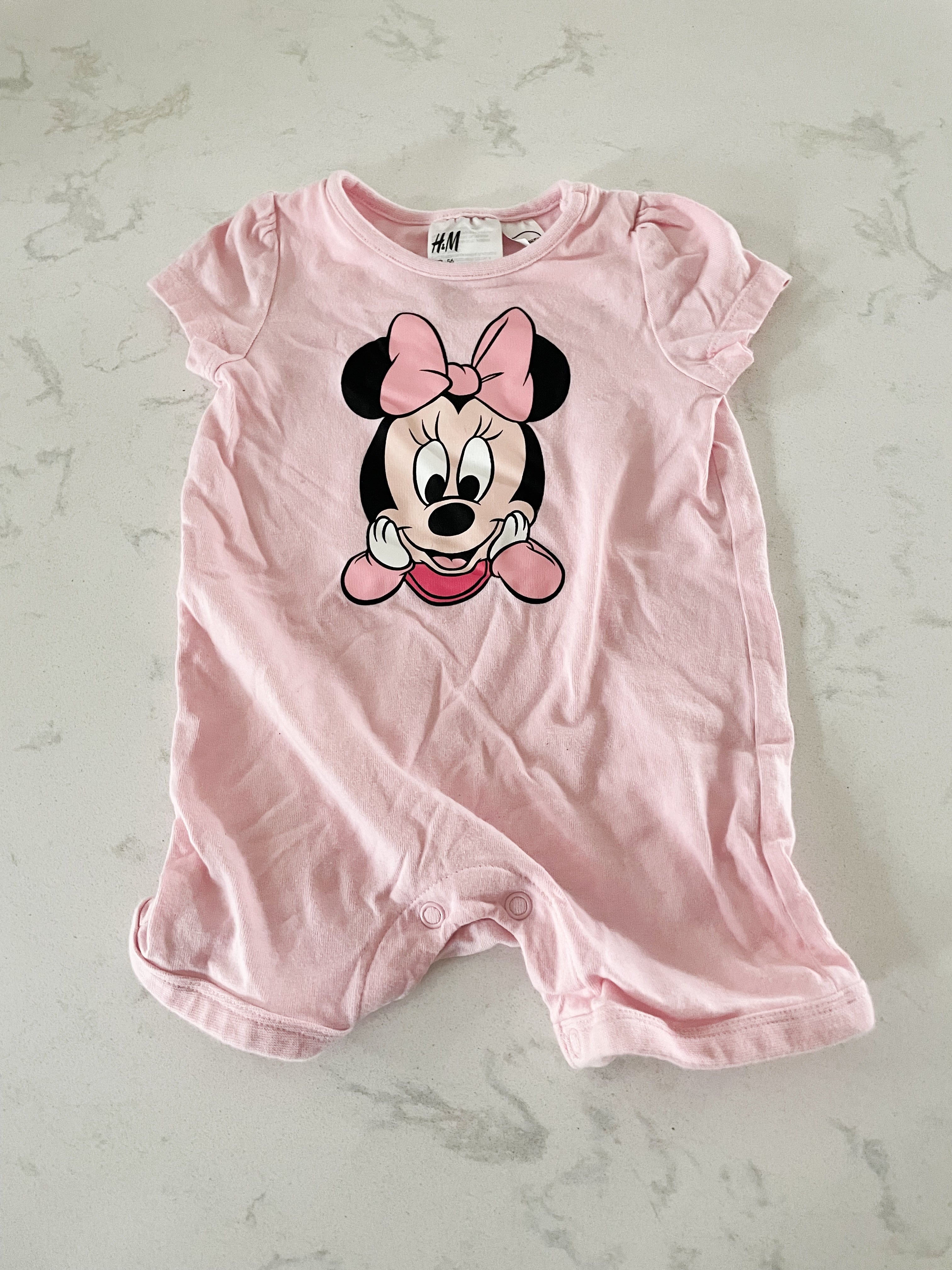 H&M- 1-2 months- pink Minnie shorts romper