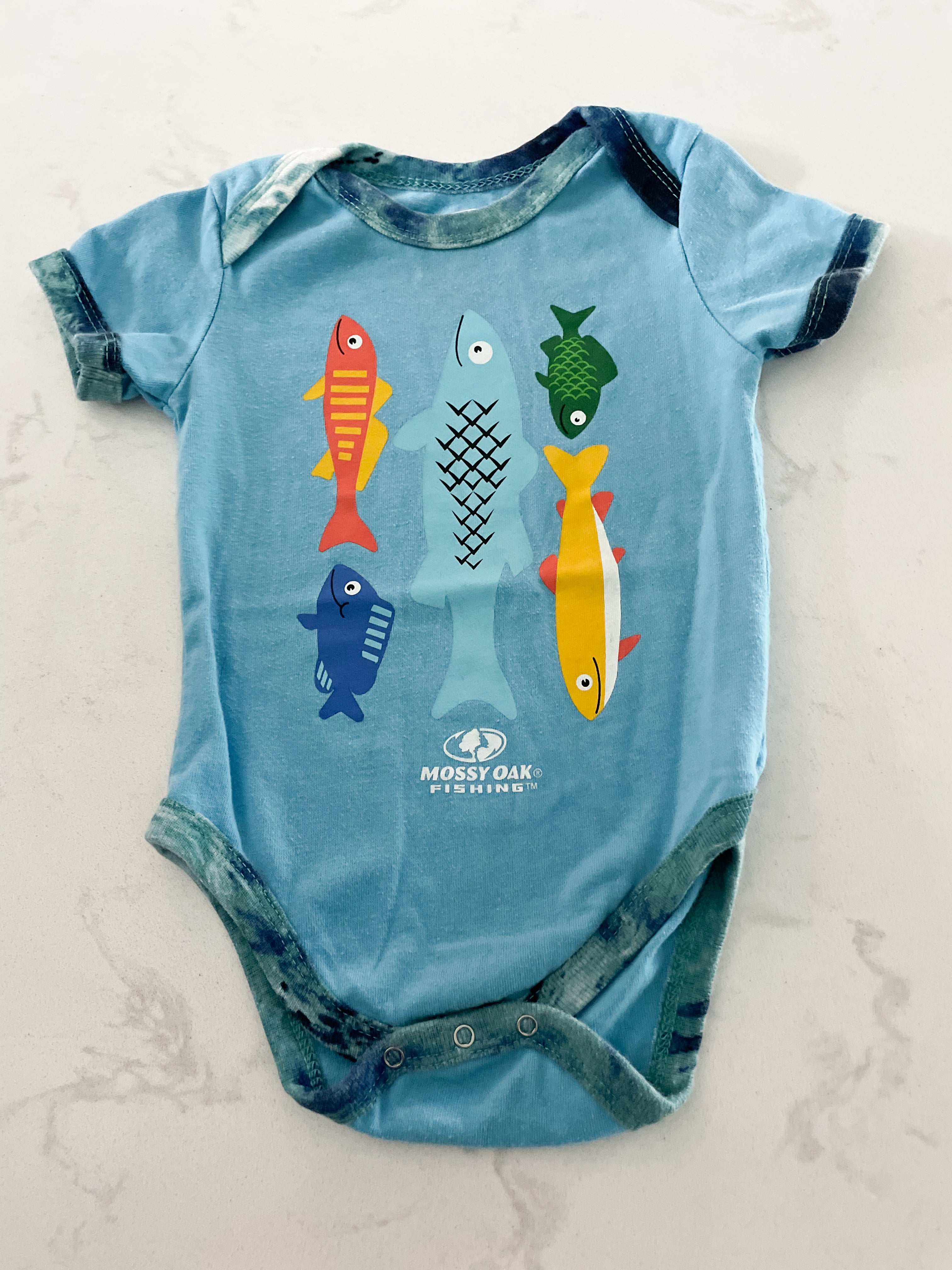 Mossy Oak- 3-6 months **fits big**- short sleeve blue fishing bodysuit