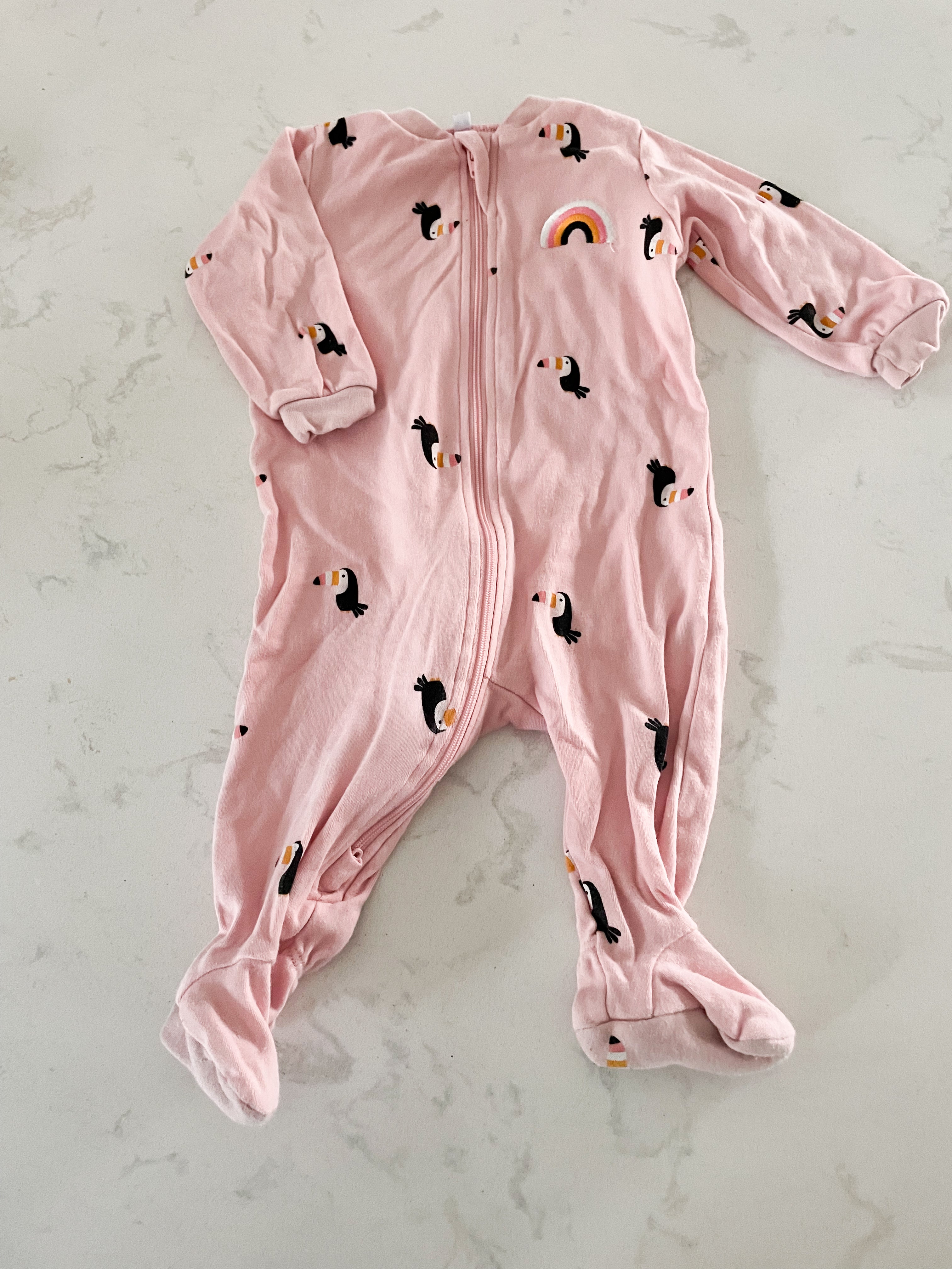 Pekkle- 6 months- pink footie pajamas with toucans