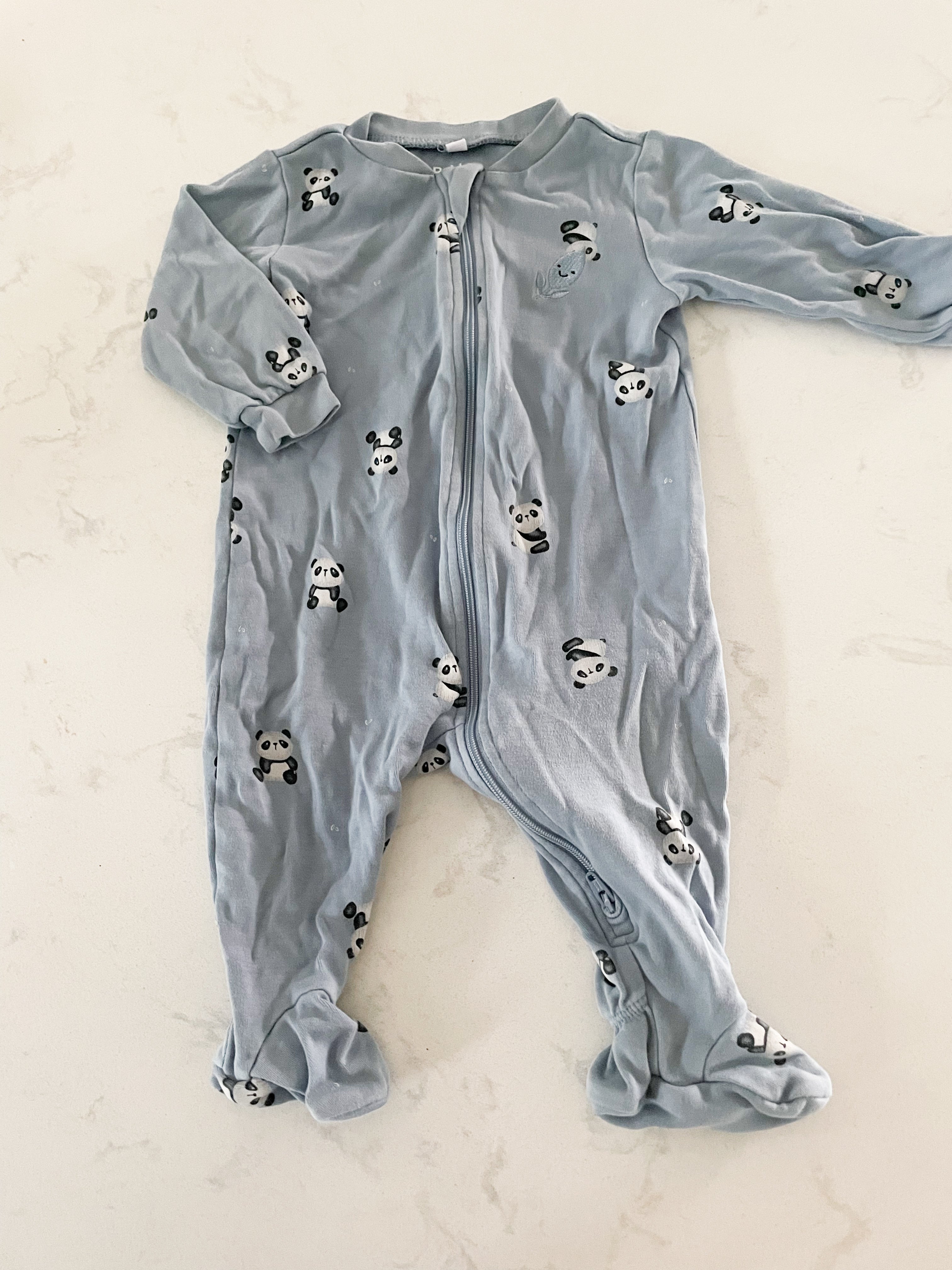 Pekkle- 6 months- blue footie pajamas with pandas