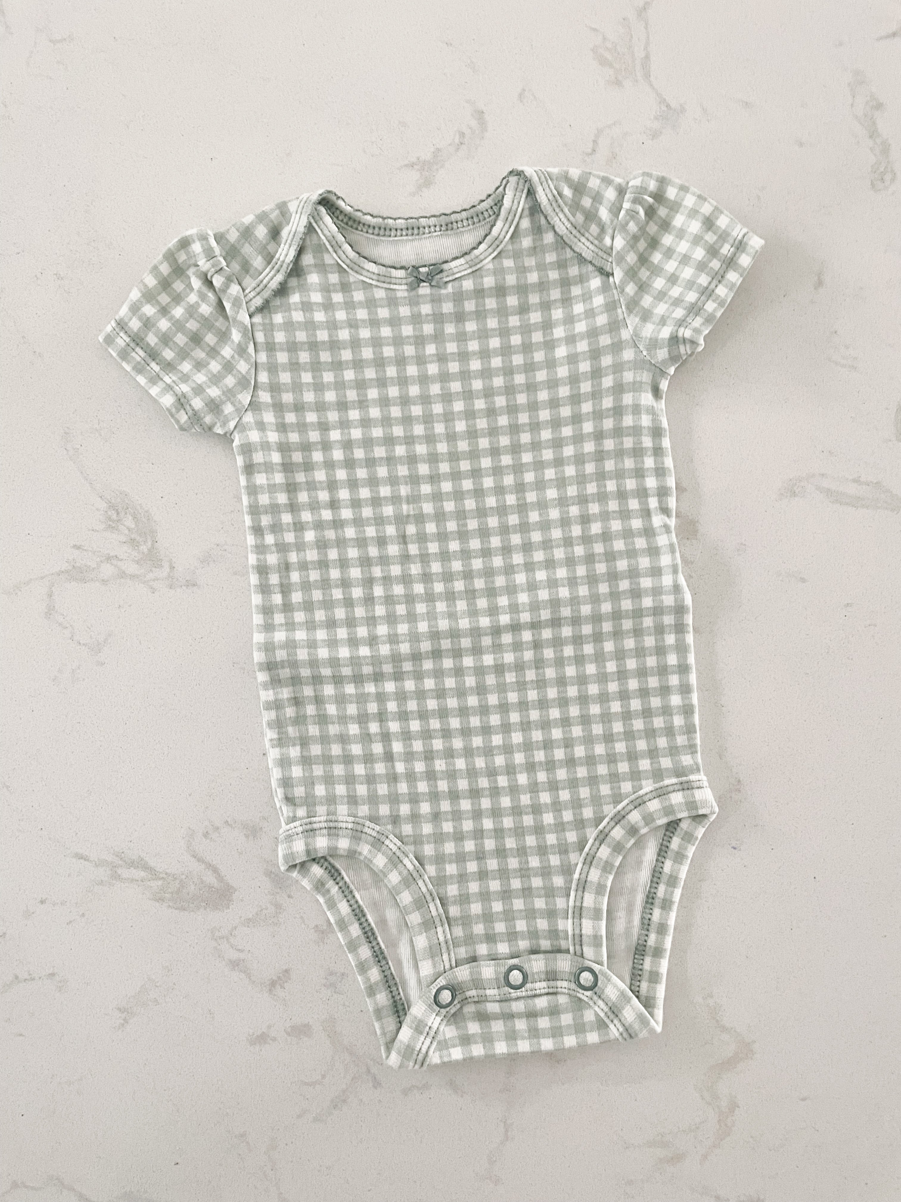 Carter’s- 0-3 months- sage green and white checkered short sleeve bodysuit