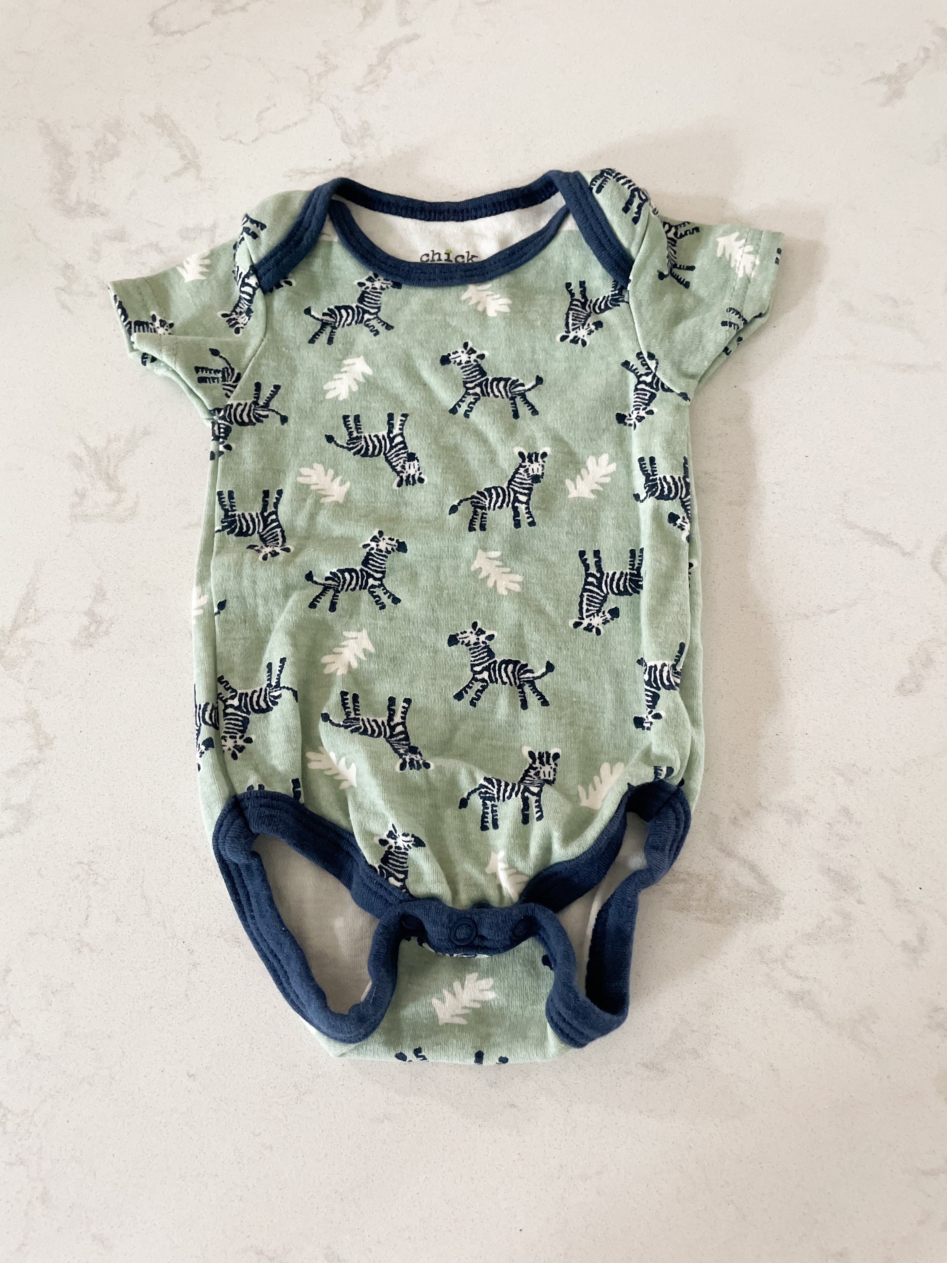 Chick Pea- 3-6 months- light green short sleeve bodysuit with zebras