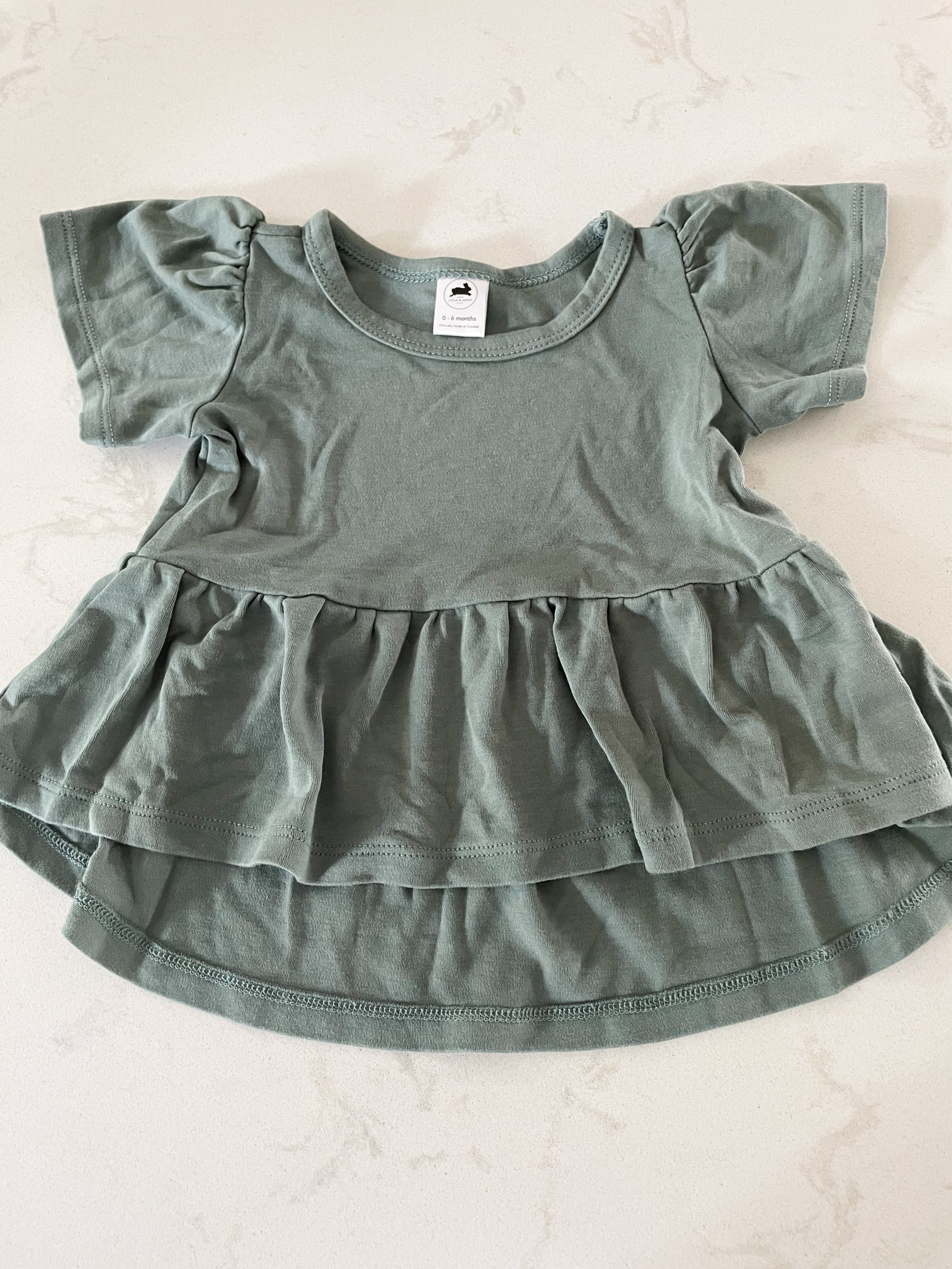 Little and Lively- 0-6 months- dark green shirt with puff sleeves