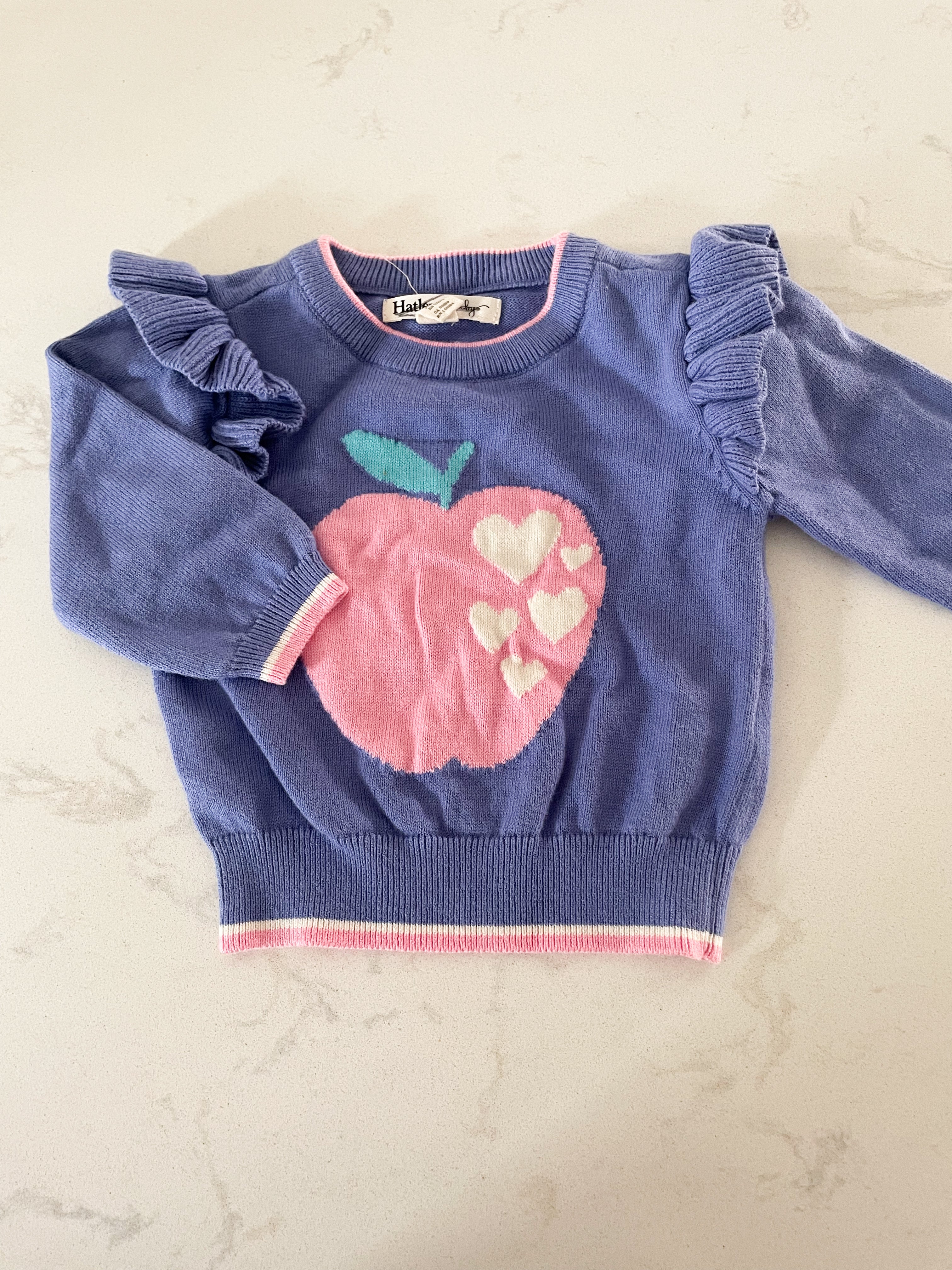 Hatley- 3-6 months- purple knit sweater with pink apple