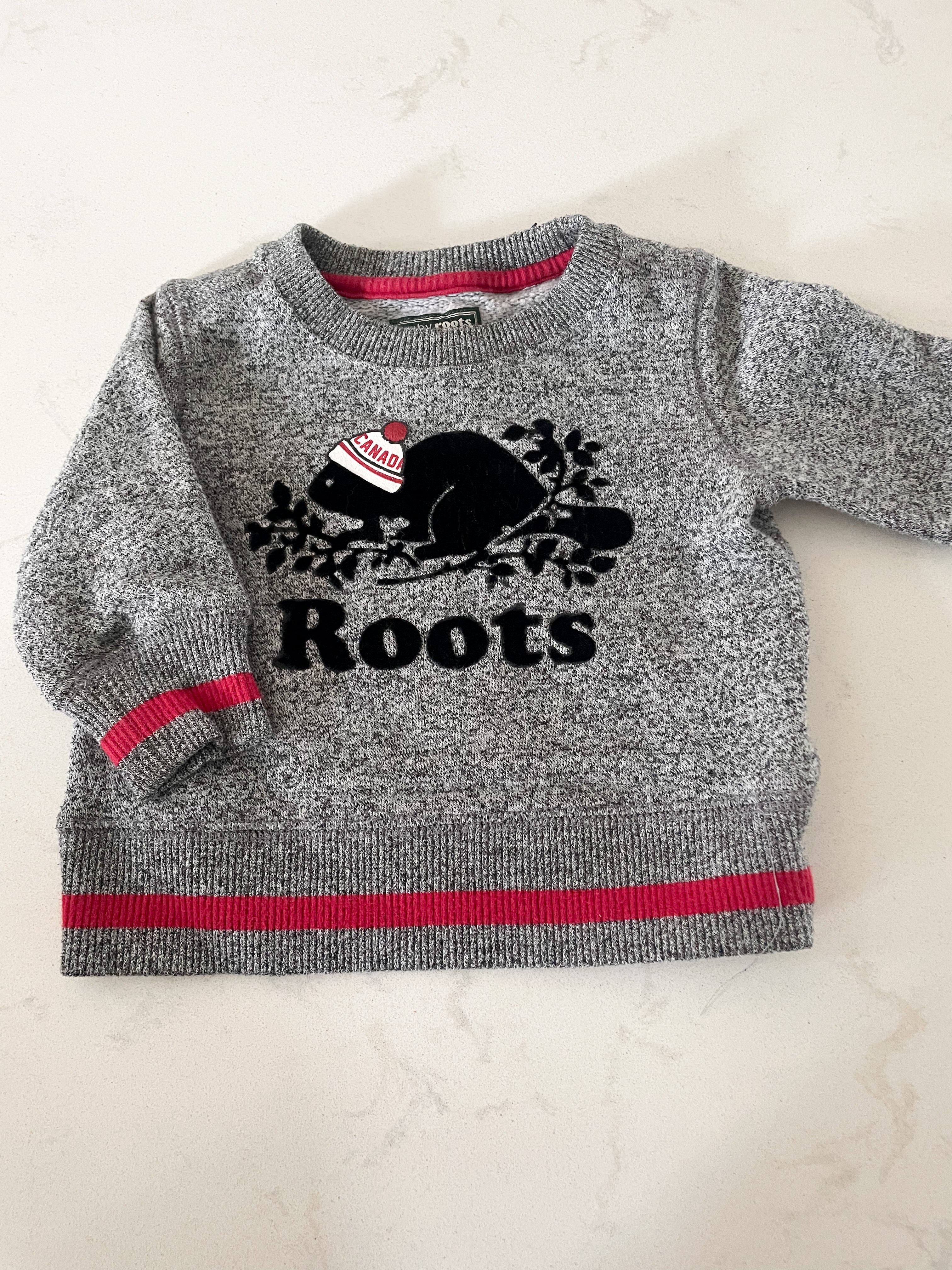 Roots- 3-6 months- grey speckled crew neck with red trim and black logo with hat