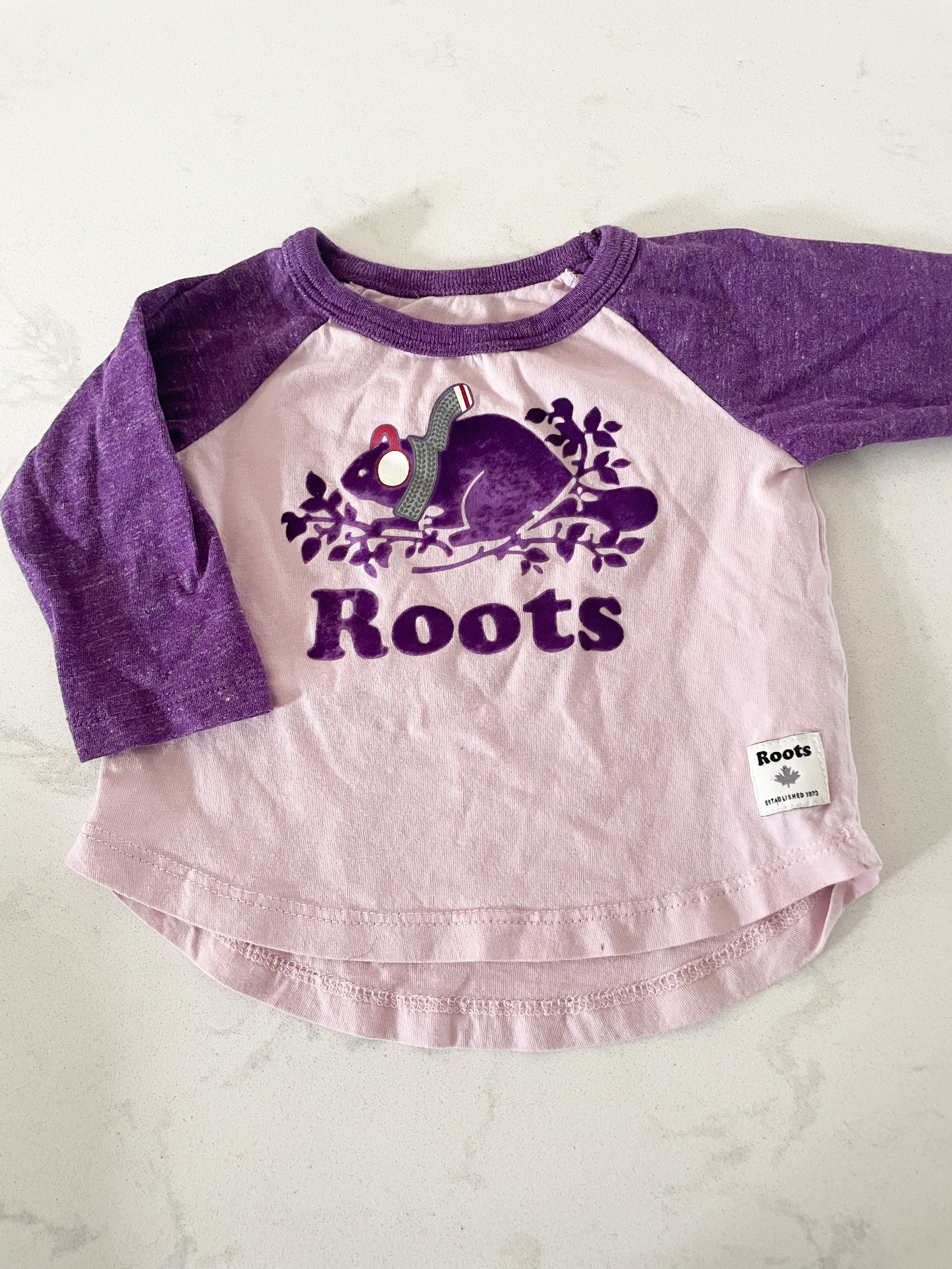 Roots- 0-3m- light pink and purple long sleeve baseball tee