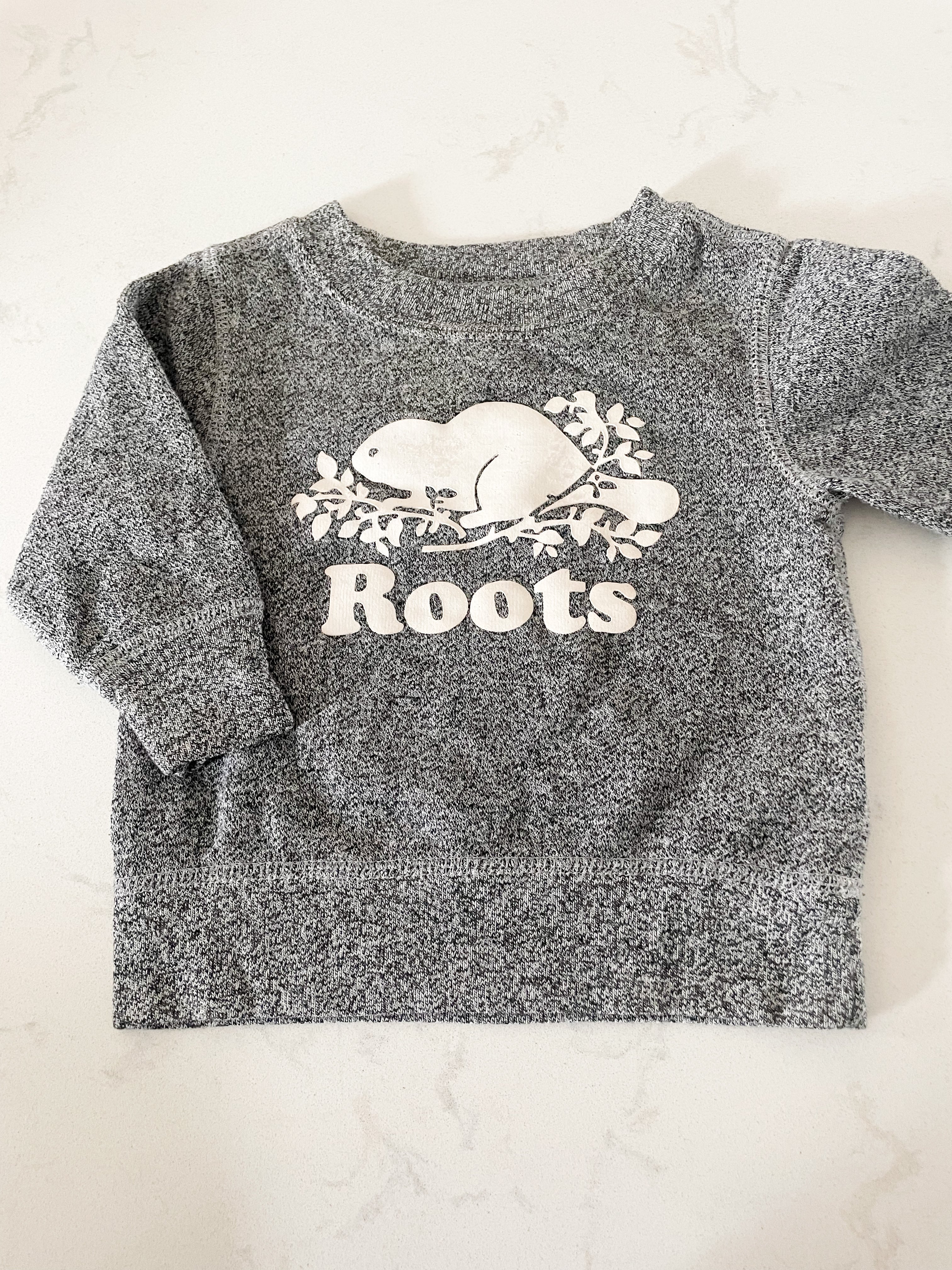 Roots- 3-6 months- speckled grey crew neck with white logo