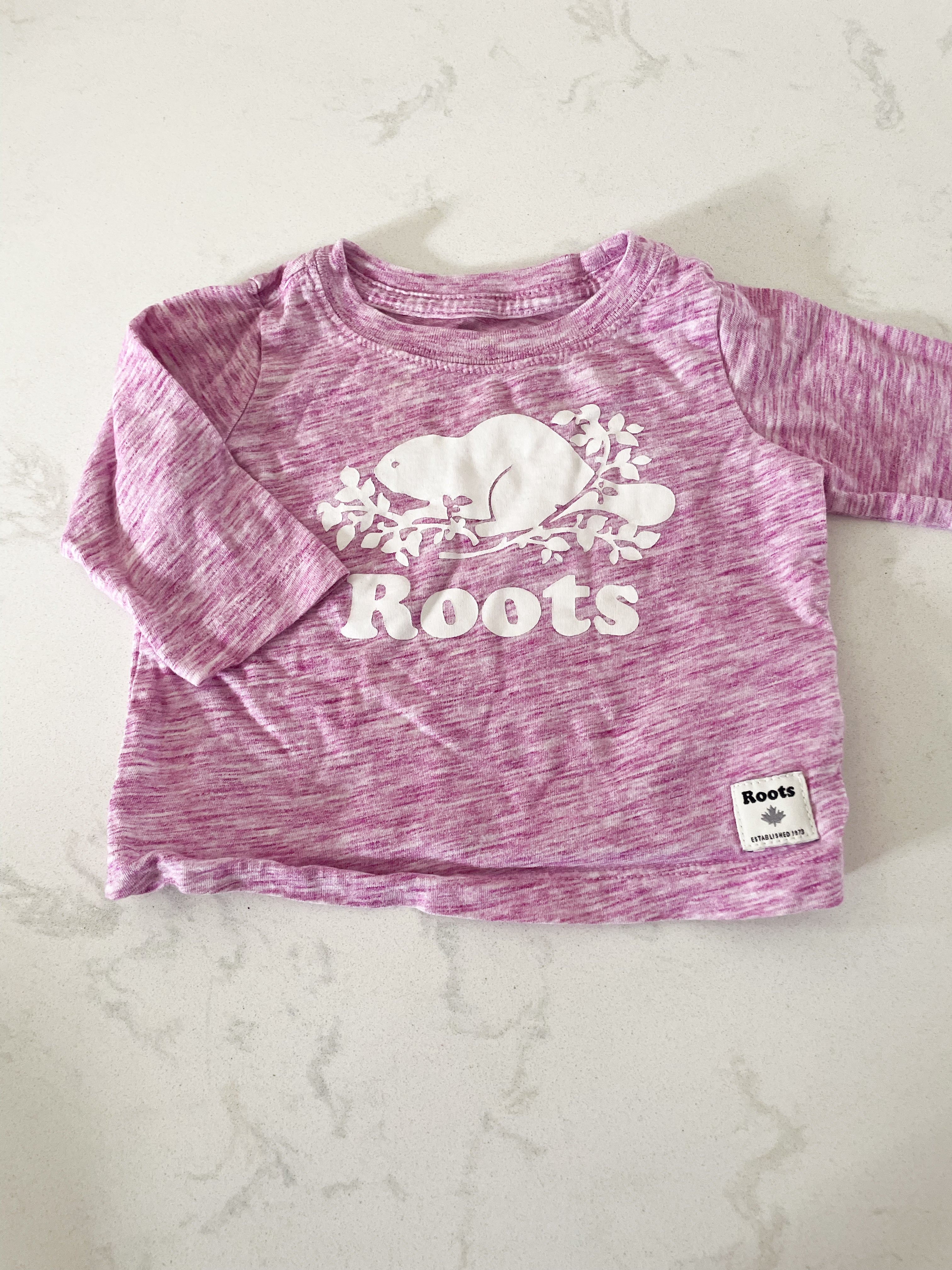 Roots- 0-3m- medium pink long sleeve shirt with white logo