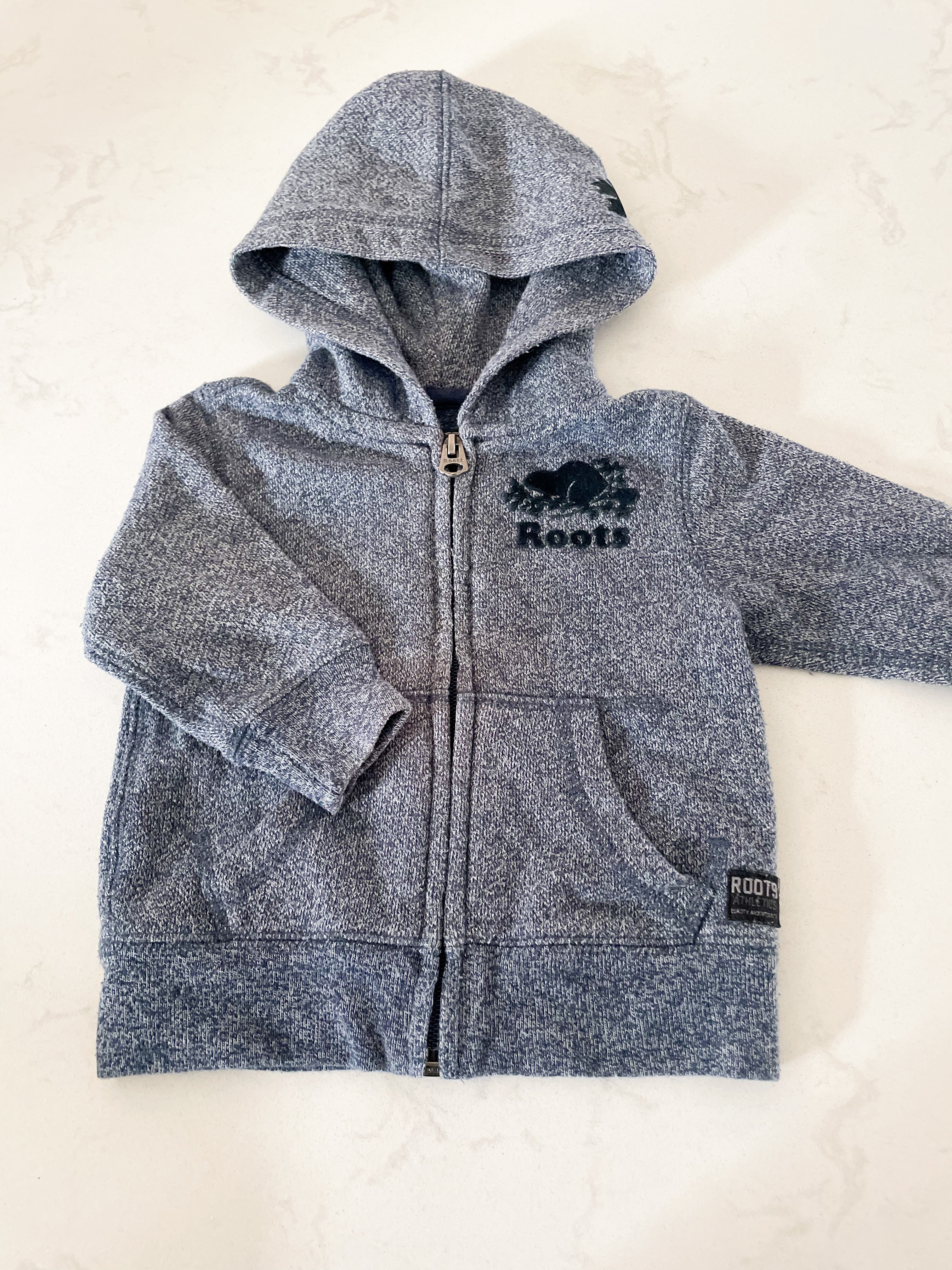 Roots- 3-6 months- navy speckled zip up sweater with navy logo
