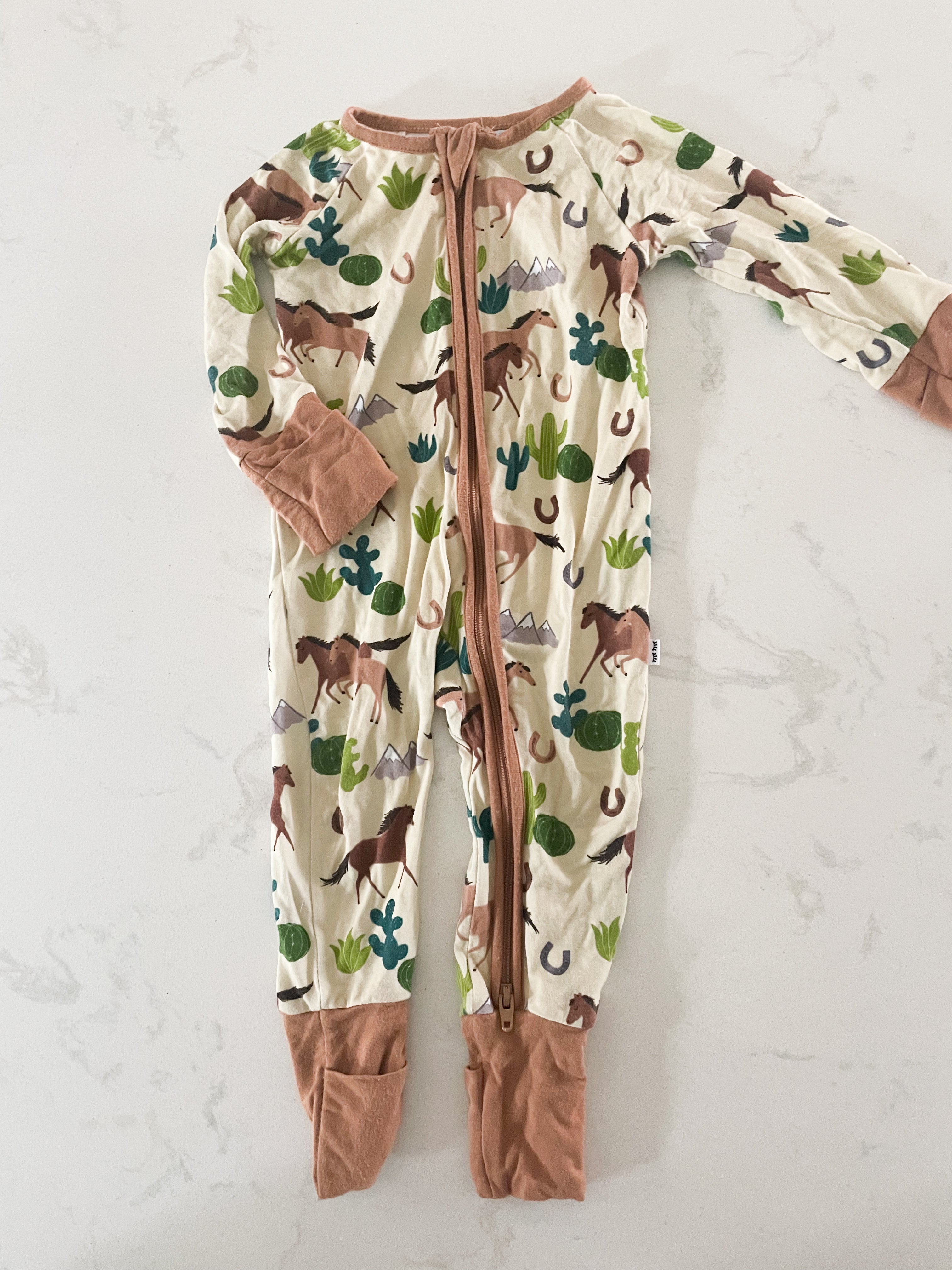 Little Sleepies- 0-3 months- beige horse bamboo zipper jammies with fold over feet
